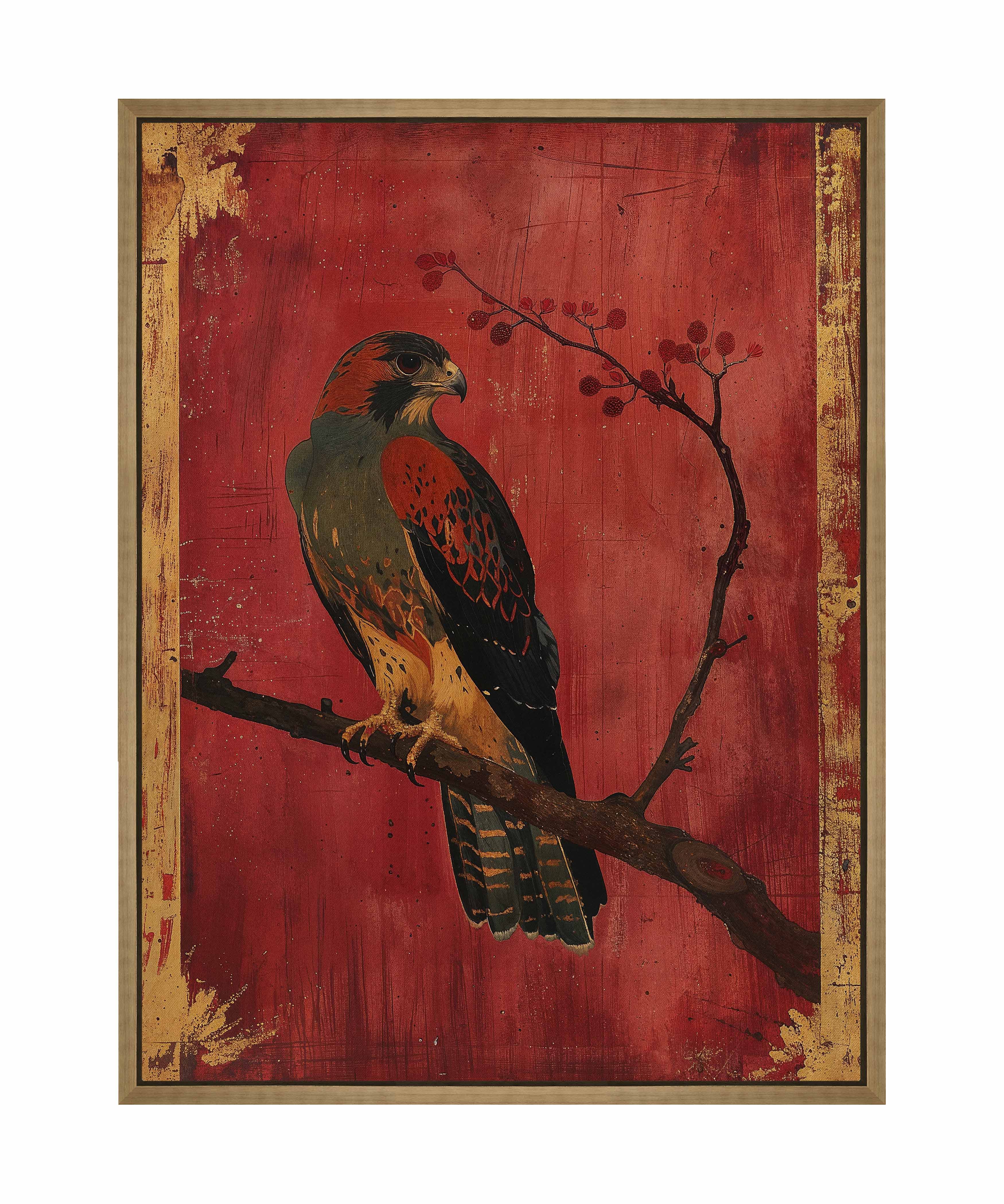 Crimson Majesty Falcon of the Silk Road Wall Art - Handmade Gallery Wrapped Canvas Painting for Living Room, Bedroom & Office Decor