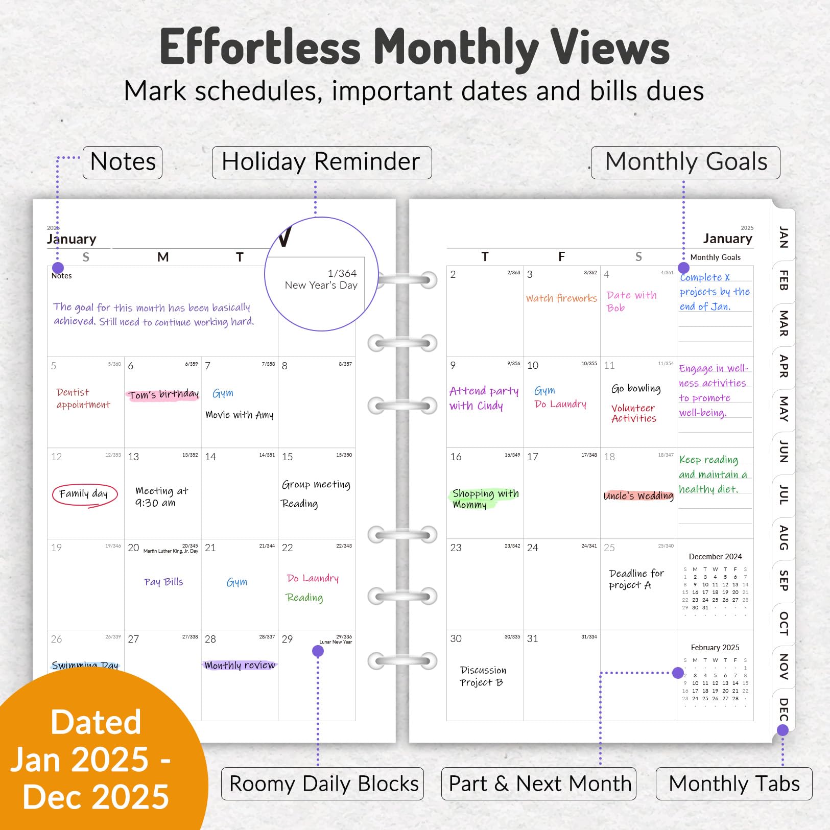 2025 Weekly & Monthly Planner Refills - 6-Hole Punched A5 Planner Inserts (Jan-Dec 2025) | 5.5