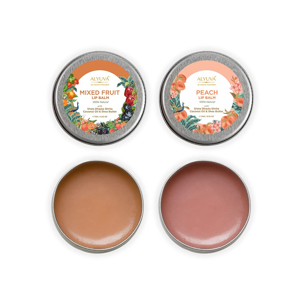 **Alyuva Combo Pack - 100% Natural Ghee Enriched Mixed Fruit & Peach Lip Balms (7g Each) for Dry, Chapped Lips - Perfect for Daily Moisturizing, Winter Care & On-the-Go Hydration**