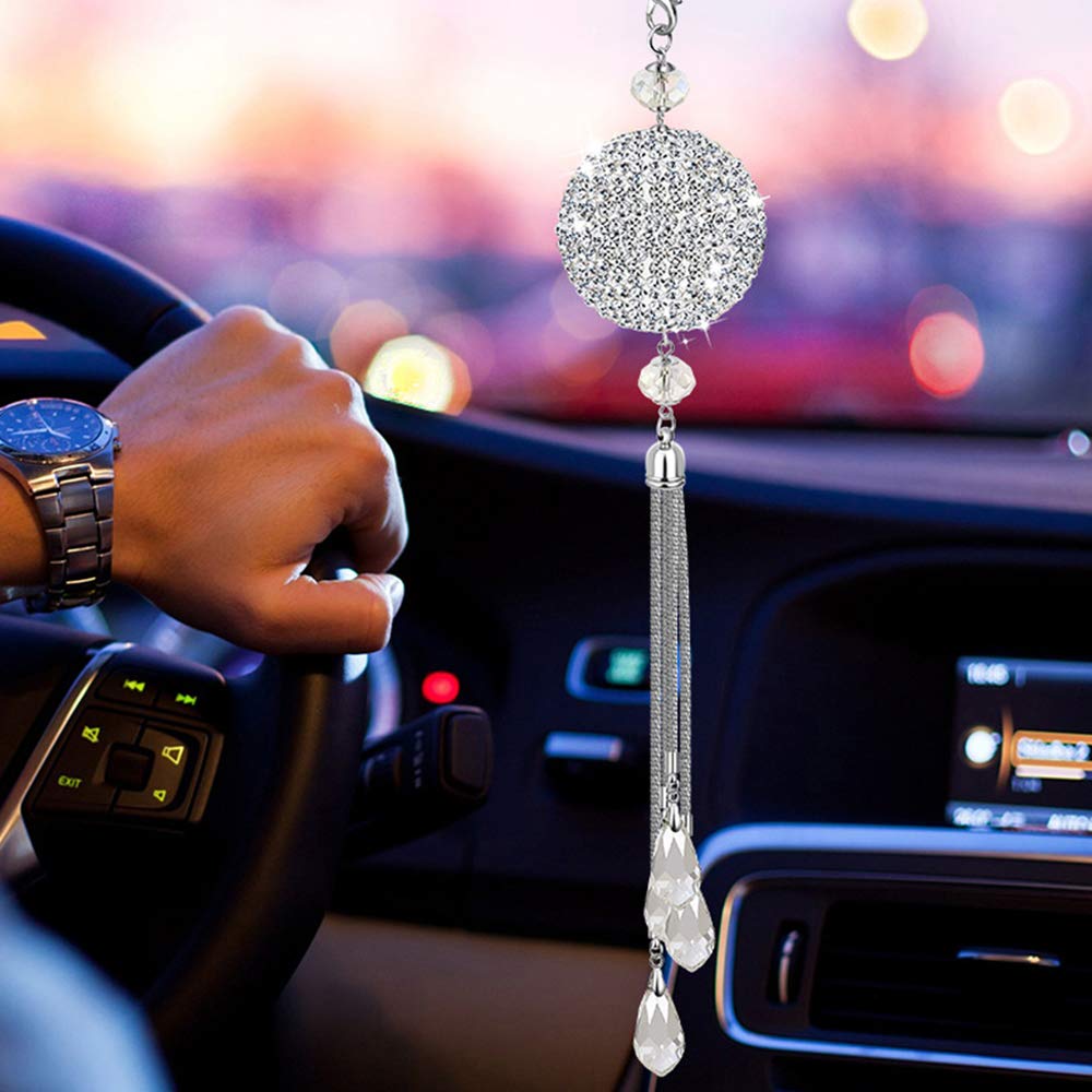 Crystal Car Charm Bling Hanging Ornament - White Rear View Mirror Decor for Good Luck & Protection | Perfect Car Accessory Gift for Women, Men, Drivers | Feng Shui Decor for Safe Travels