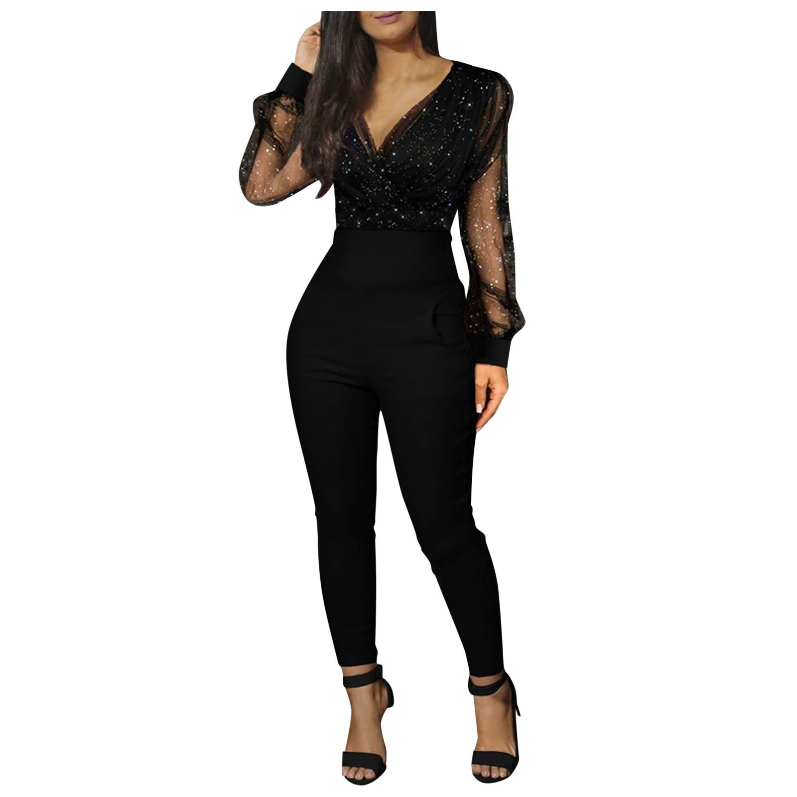 Thankmoon Women's Long Sequin Jumpsuit with Mesh Sleeves & Pockets - Elegant V-Neck Romper for Party, Club, Night Out, and Special Occasions