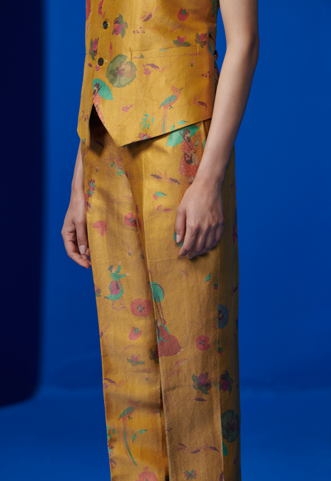 Azad Trousers - Women's Silk Brocade Pants in Mustard Yellow | Elegant Lounge Wear & Special Occasion Outfit