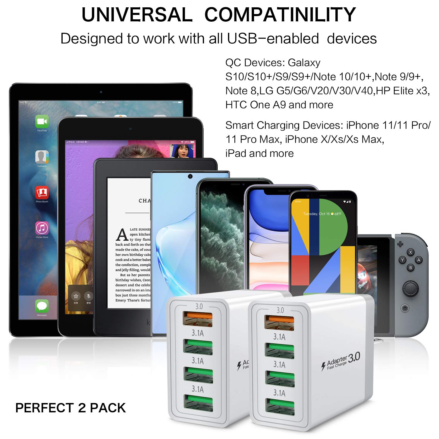 33W 4-Port USB Wall Charger Fast Charging Block - Multiport USB Plug Cube Brick for iPhone 15/15 Pro, Samsung Galaxy, iPad Mini/Pro/Air - Perfect for Home, Office & Travel Charging Needs