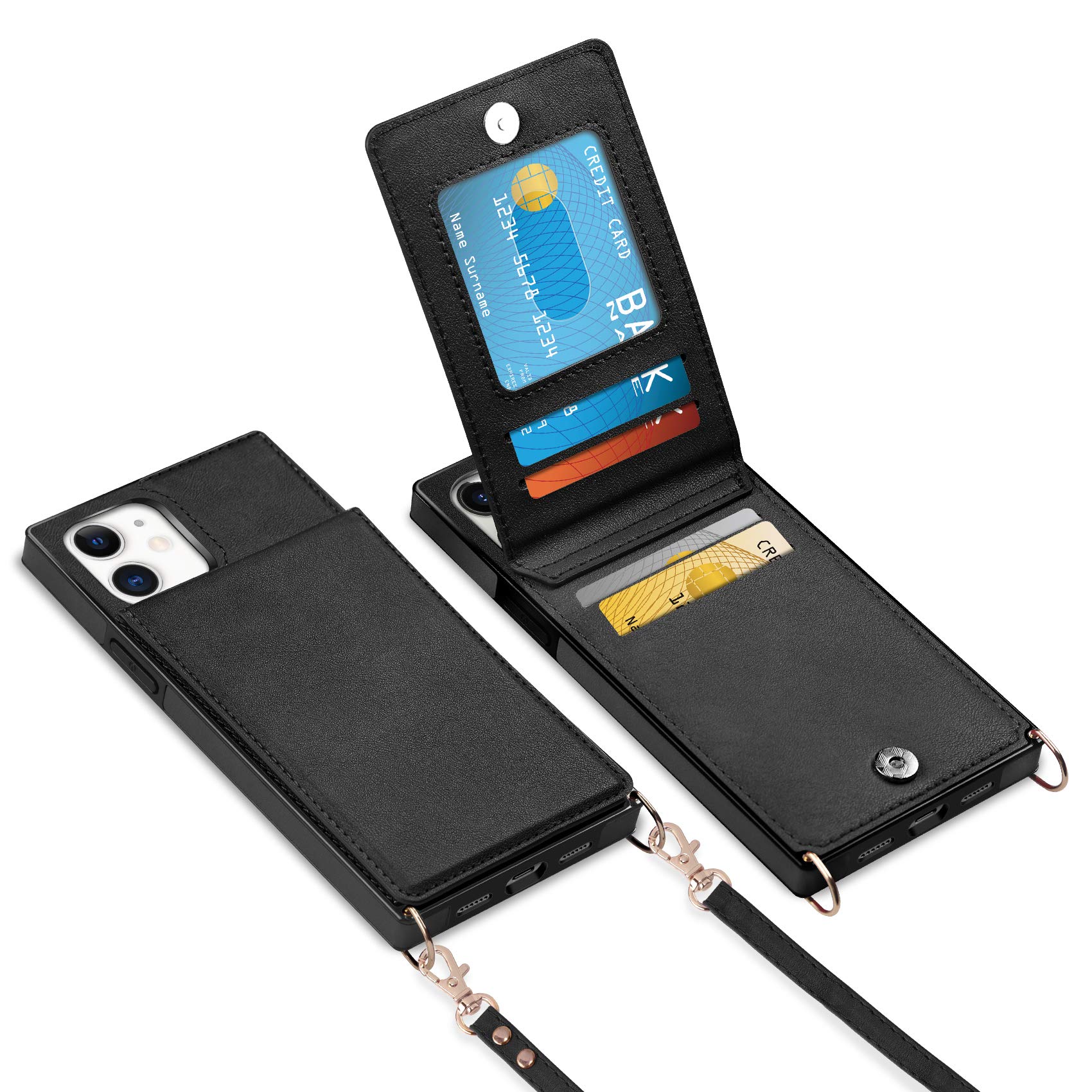 Vofolen Premium Leather PU Flip Wallet Case for iPhone 11 - Magnetic Clasp, Kickstand & Lanyard Strap | Heavy Duty Protective Cover with Card Holder | Perfect for Women & Girls (Black) | Ideal for Work, Travel & Everyday Protection
