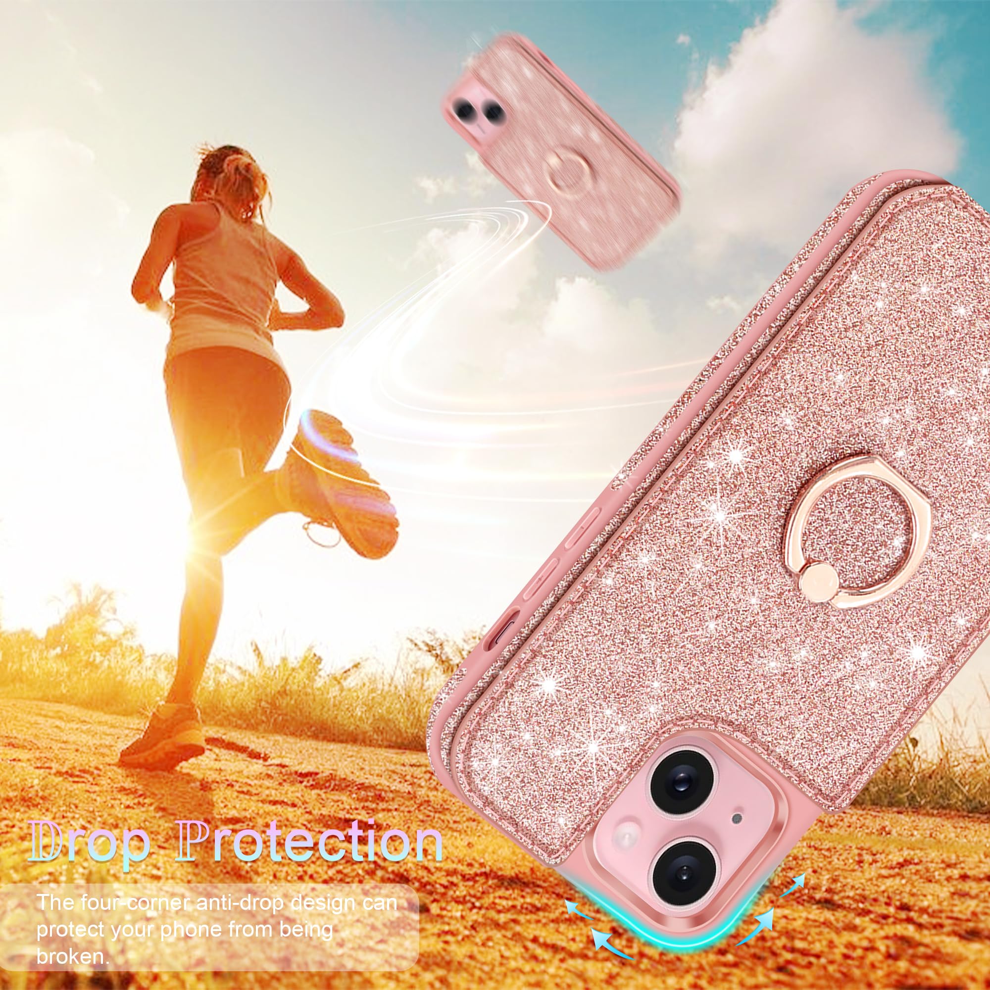 Shockproof Glitter Cute iPhone 15 Plus Wallet Case (6.7 Inch) with Screen Protector, Camera Lens Protector & 360° Ring Stand - Rose Gold | Perfect for Everyday Use, Travel, and Hands-Free Viewing