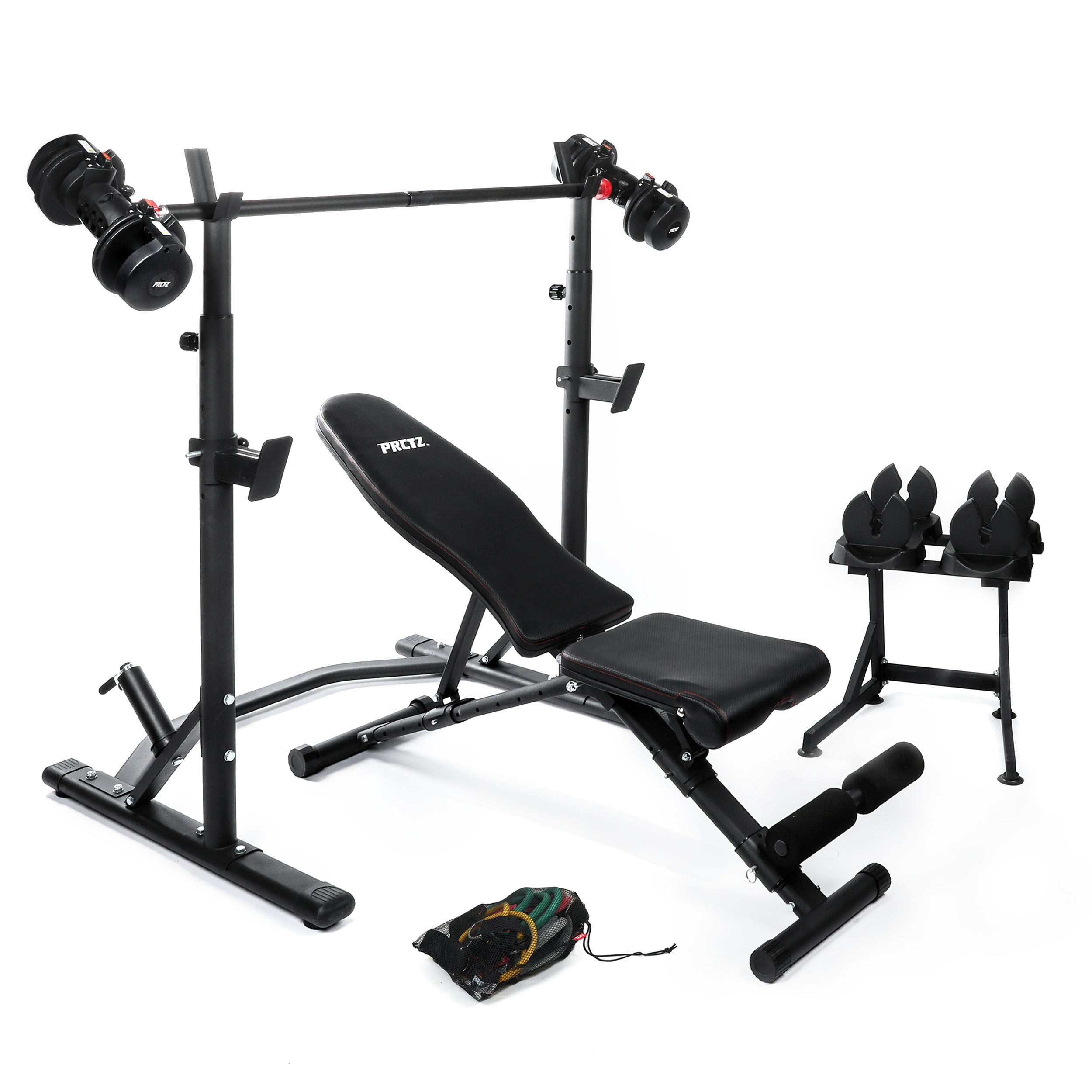 PRCTZ SP3 Home Gym Bundle – Olympic Weight Bench with Squat Rack, 6ft Modular Barbell, 10-30lb Quick Select Adjustable Dumbbells & Resistance Bands – Perfect for Full-Body Workouts at Home