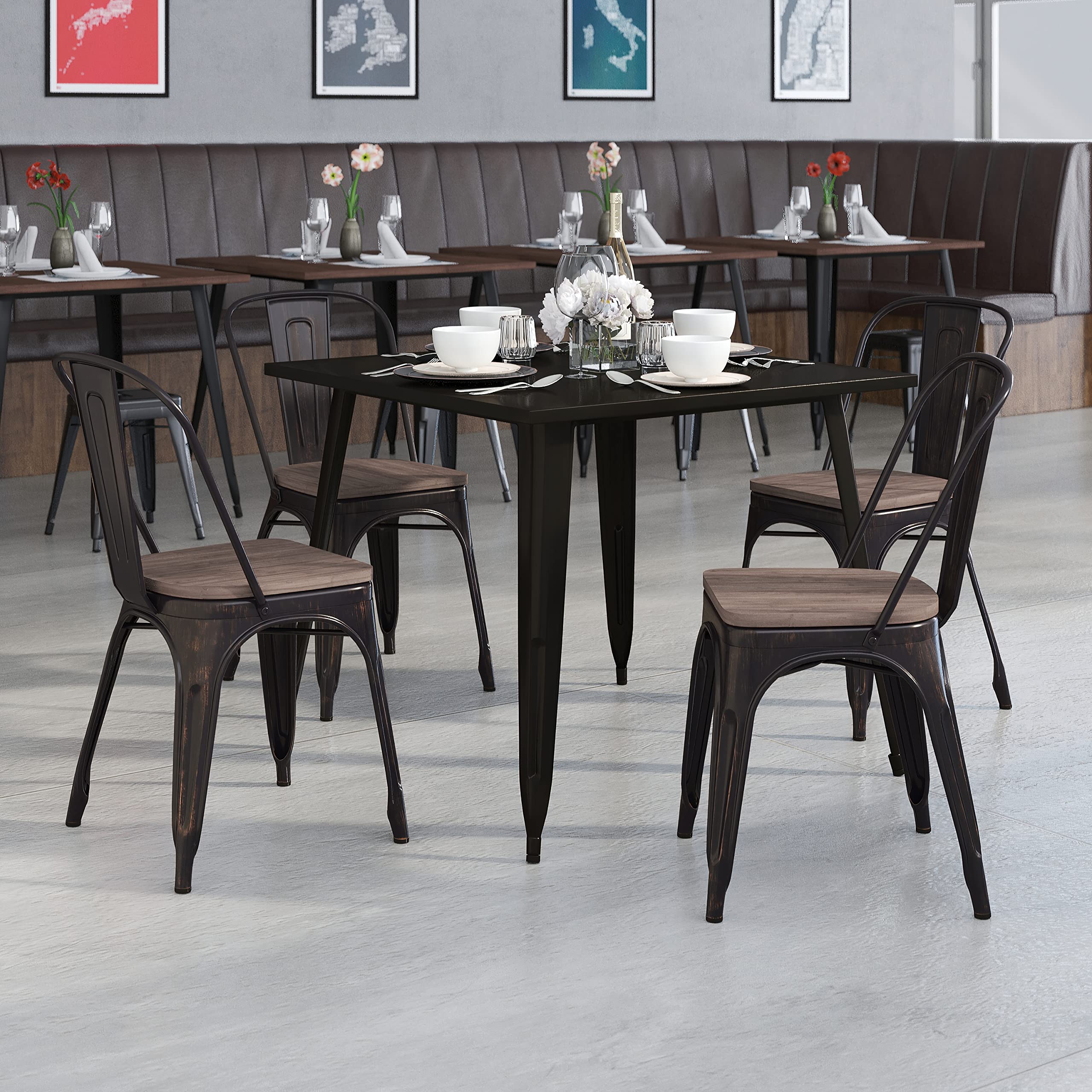 4 Pack Black & Antique Gold Metal Stackable Dining Chairs with Wood Seat - Sturdy Restaurant Chairs for Home, Cafe, Bistro & Outdoor Use