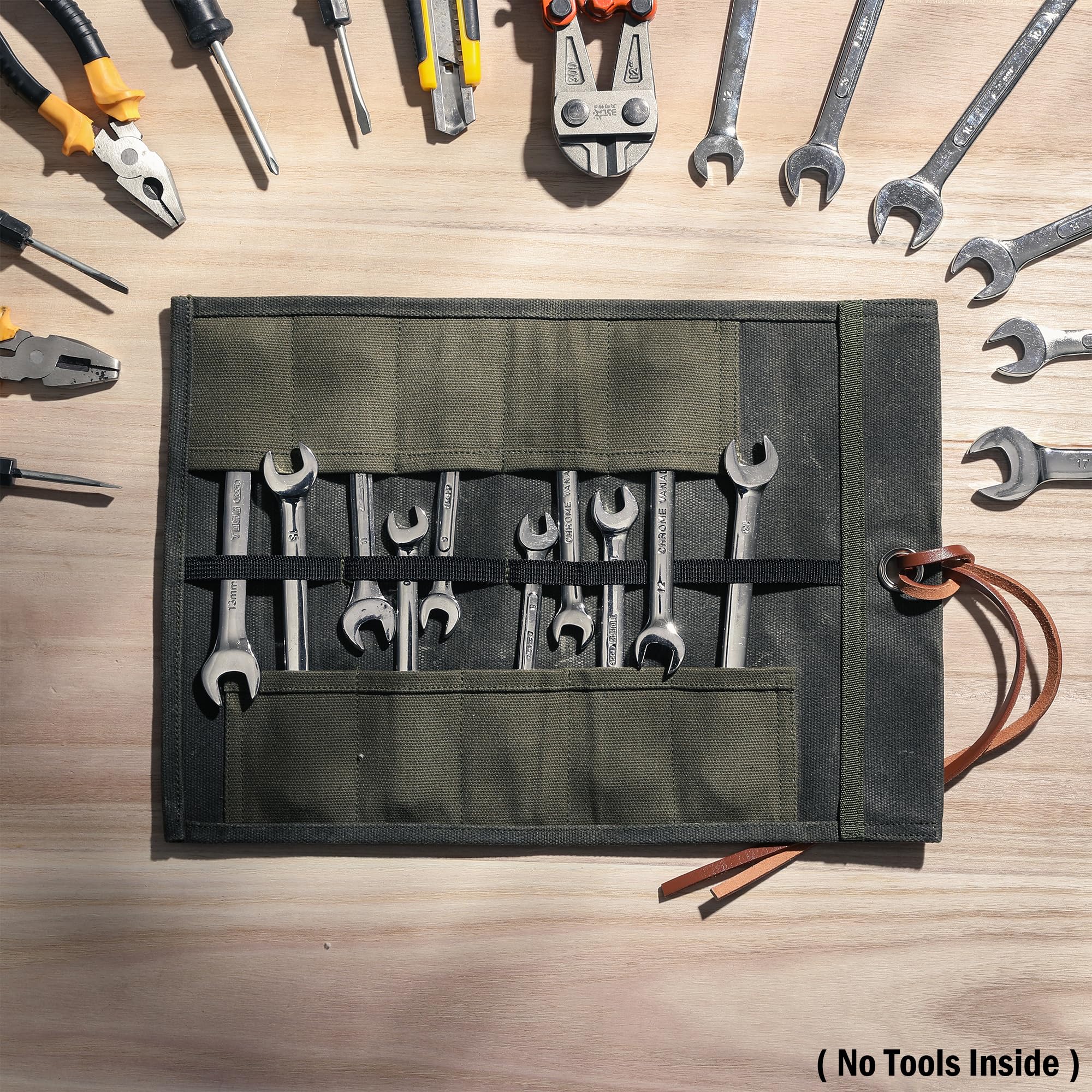 Heavy Duty 16oz Waxed Canvas Tool Pouch Roll Bag - 10 Pocket Screwdriver & Tool Organizer Case - Sustainable Army Green Tool Storage for Electricians, Carpenters & DIY Home Improvement Projects