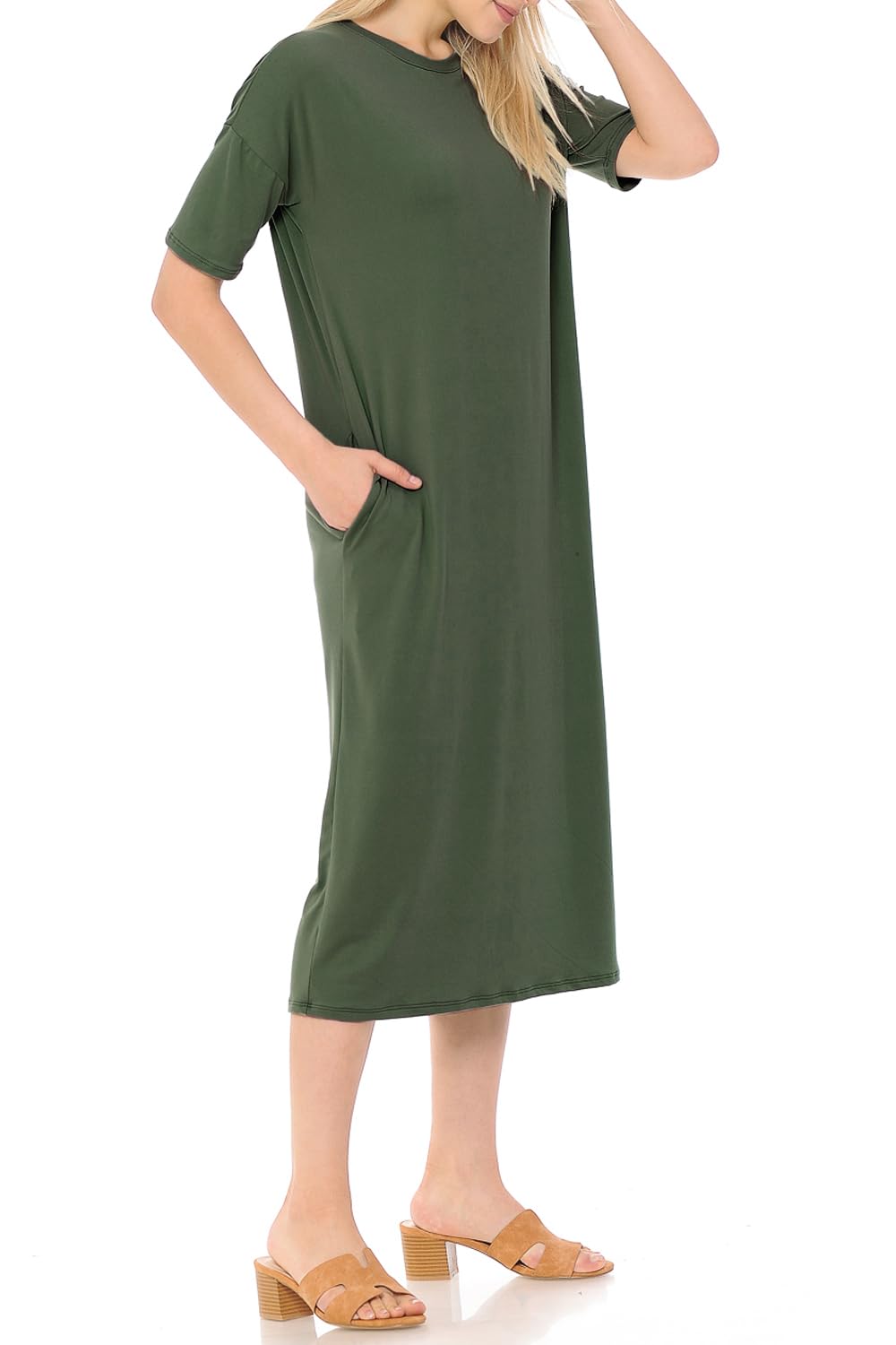 Iconic Luxe Women's Midi Dress with Half Sleeves & Pockets - Elegant Casual Wear for Office, Party & Date Night