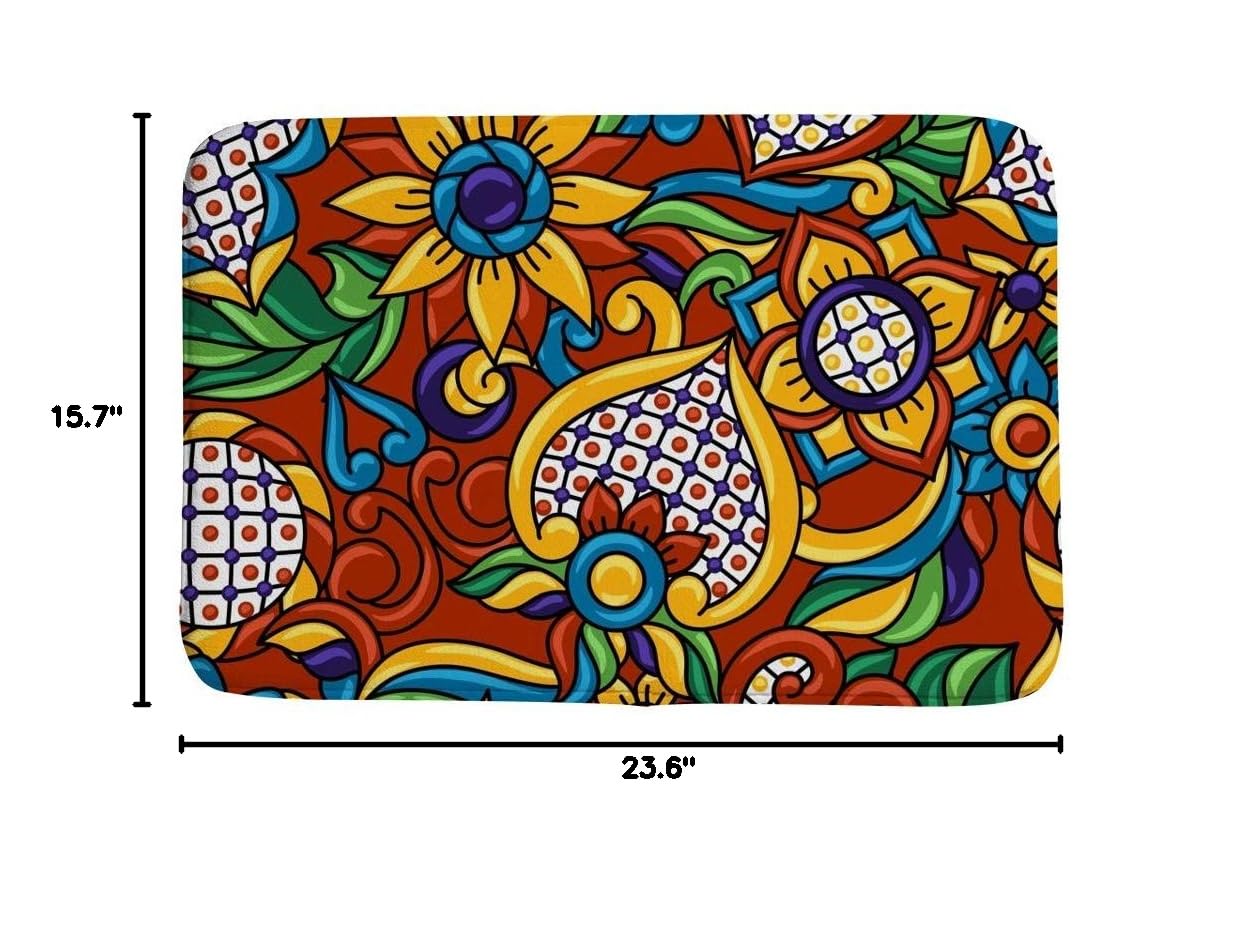 Non-Slip Water Absorbent Bath Rug - Coral Velvet Bathroom Mat with Memory Foam, Machine Washable, Mexican Talavera Ethnic Folk Design, 23.6x15.7 Inch - Perfect for Bathroom, Shower, and Vanity Areas