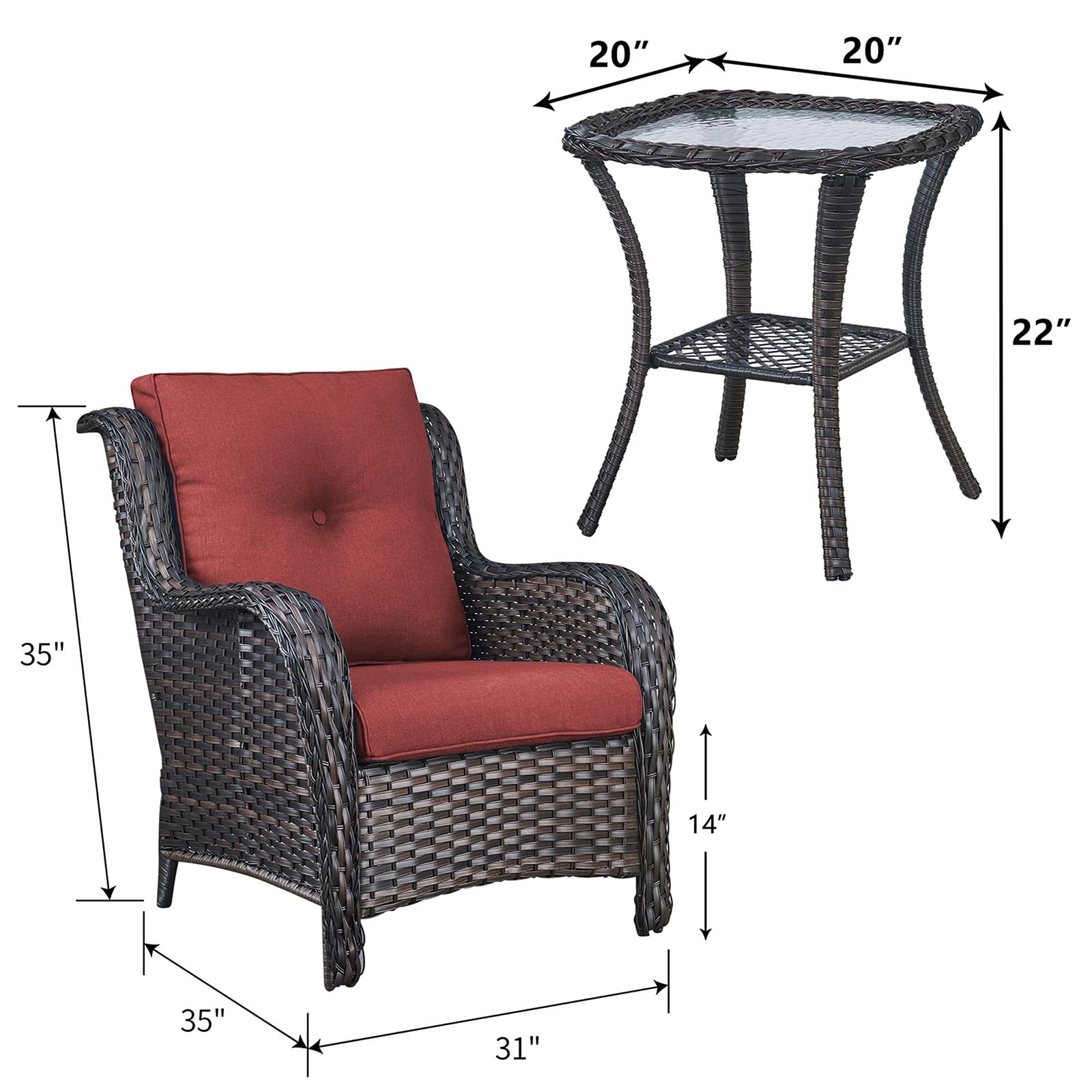 2-Piece Wicker Rattan Patio Furniture Set - High Back Deep Seating Outdoor Chairs for Deck, Porch, Balcony, Backyard & Garden (Brown/Red) - Perfect for Relaxing, Lounging & Entertaining Guests