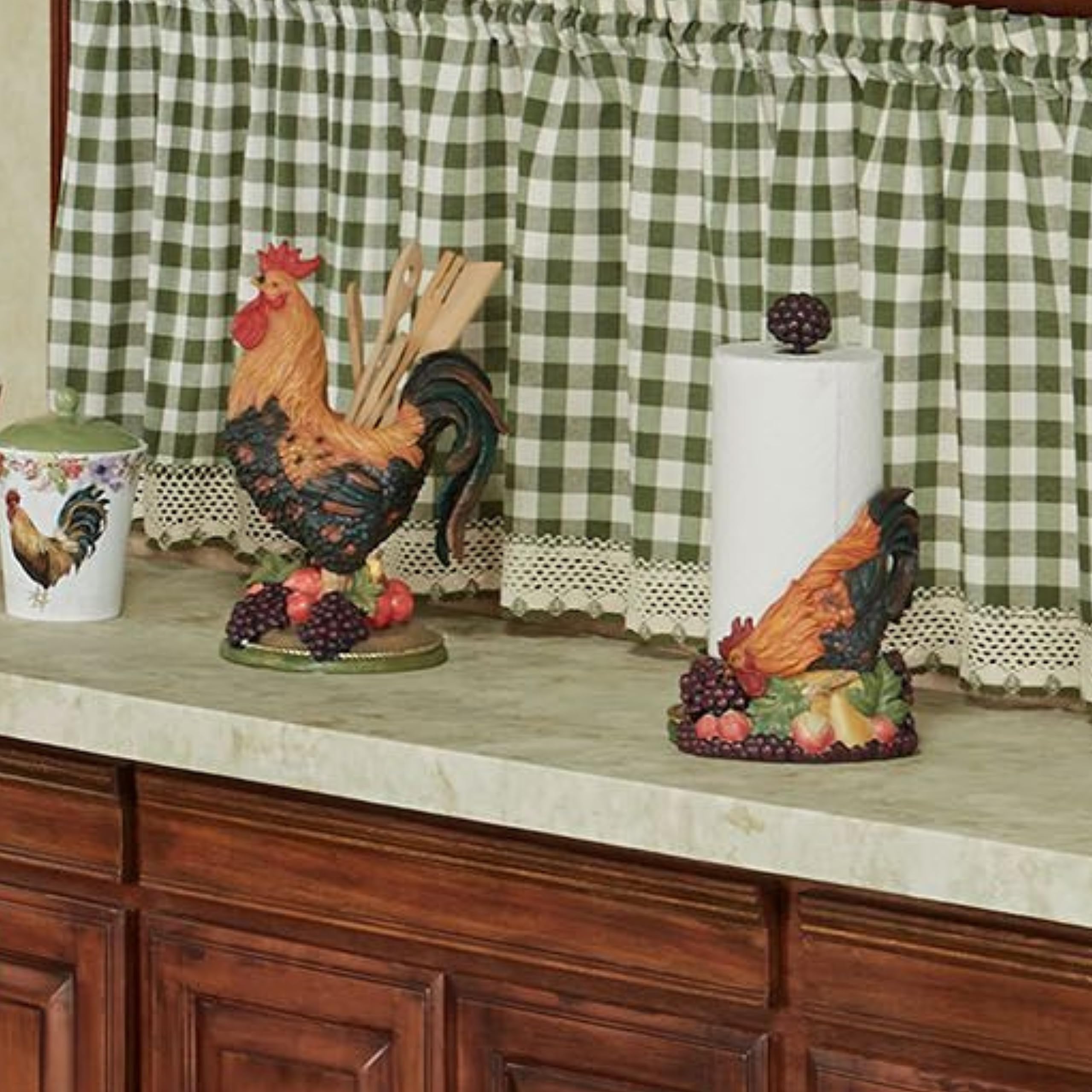 Tuscany Rooster Utensil Holder - Decorative Resin Kitchen Tool Organizer in Red, Purple, Green & Gold - Countertop, Island or Cupboard Storage - Perfect for Farmhouse, Tuscan & Country Kitchen Decor