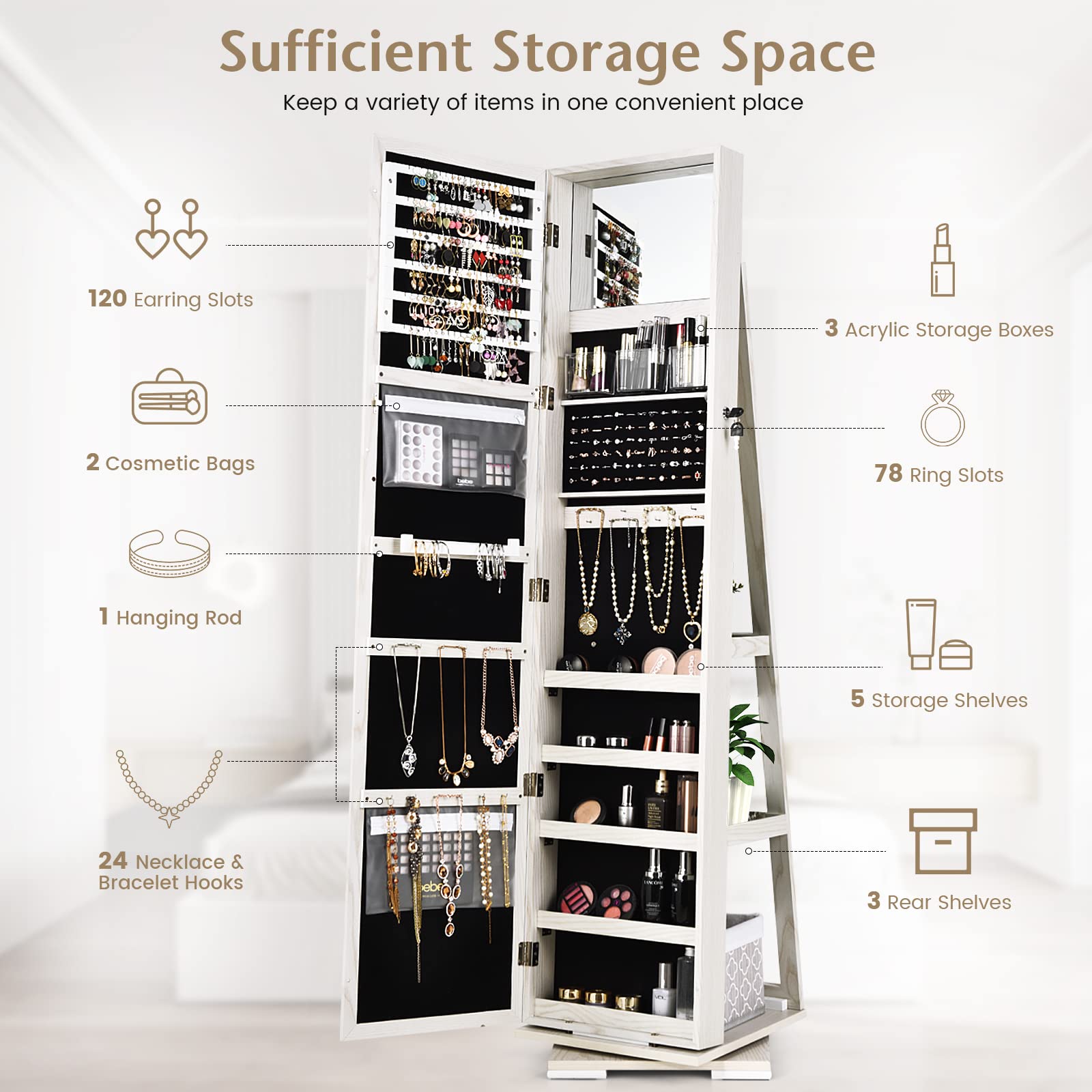 COSTWAY 360° Rotating Jewelry Armoire Cabinet with Full-Length Mirror - Lockable Standing Jewelry Organizer for Women & Girls, Large Storage Space for Necklaces, Rings & Accessories (White) - Perfect for Bedroom, Dressing Room & Closet Organization