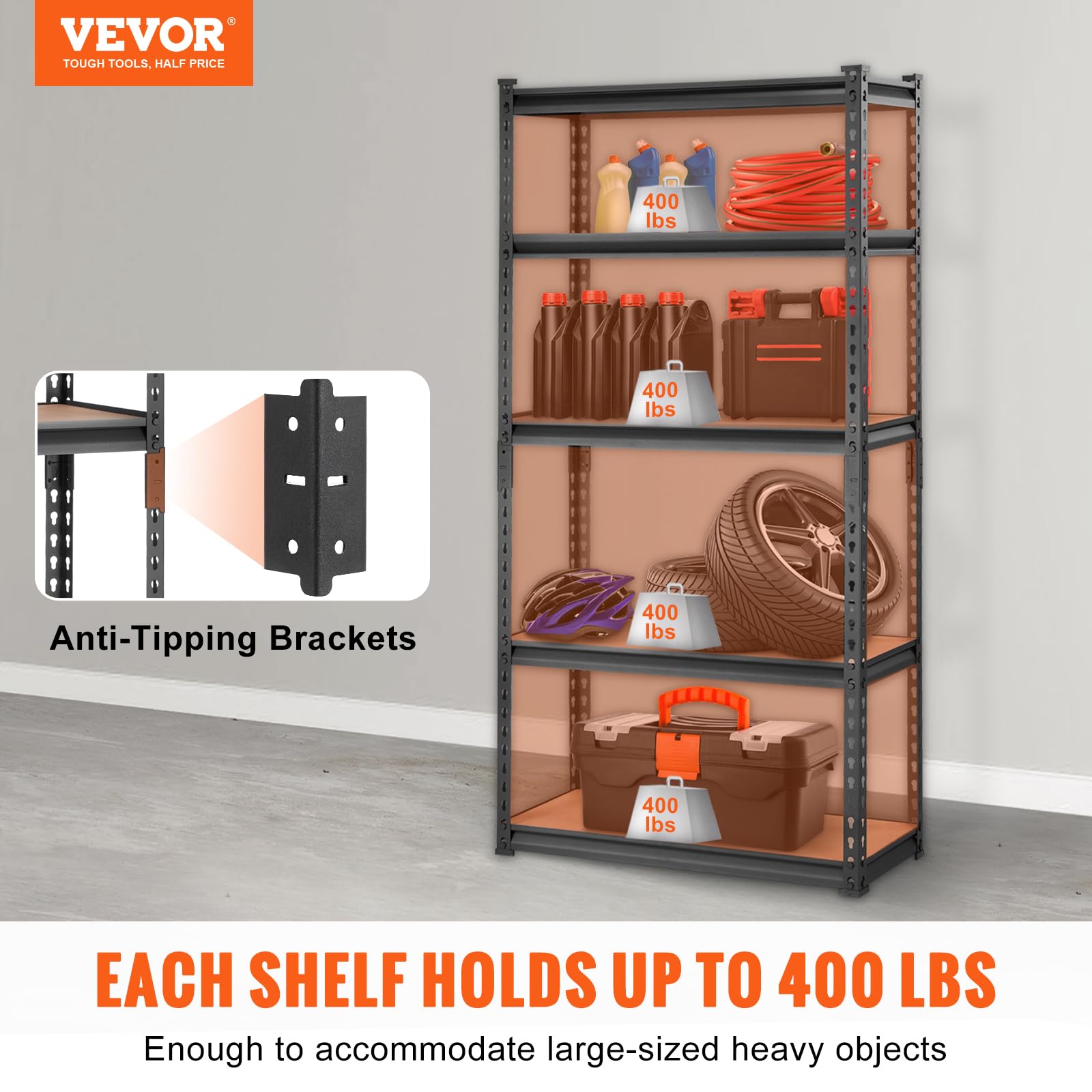 VEVOR 5-Tier Heavy Duty Metal Storage Shelves - 2000 lbs Capacity, Adjustable Garage Shelving Unit, Black Utility Rack (30