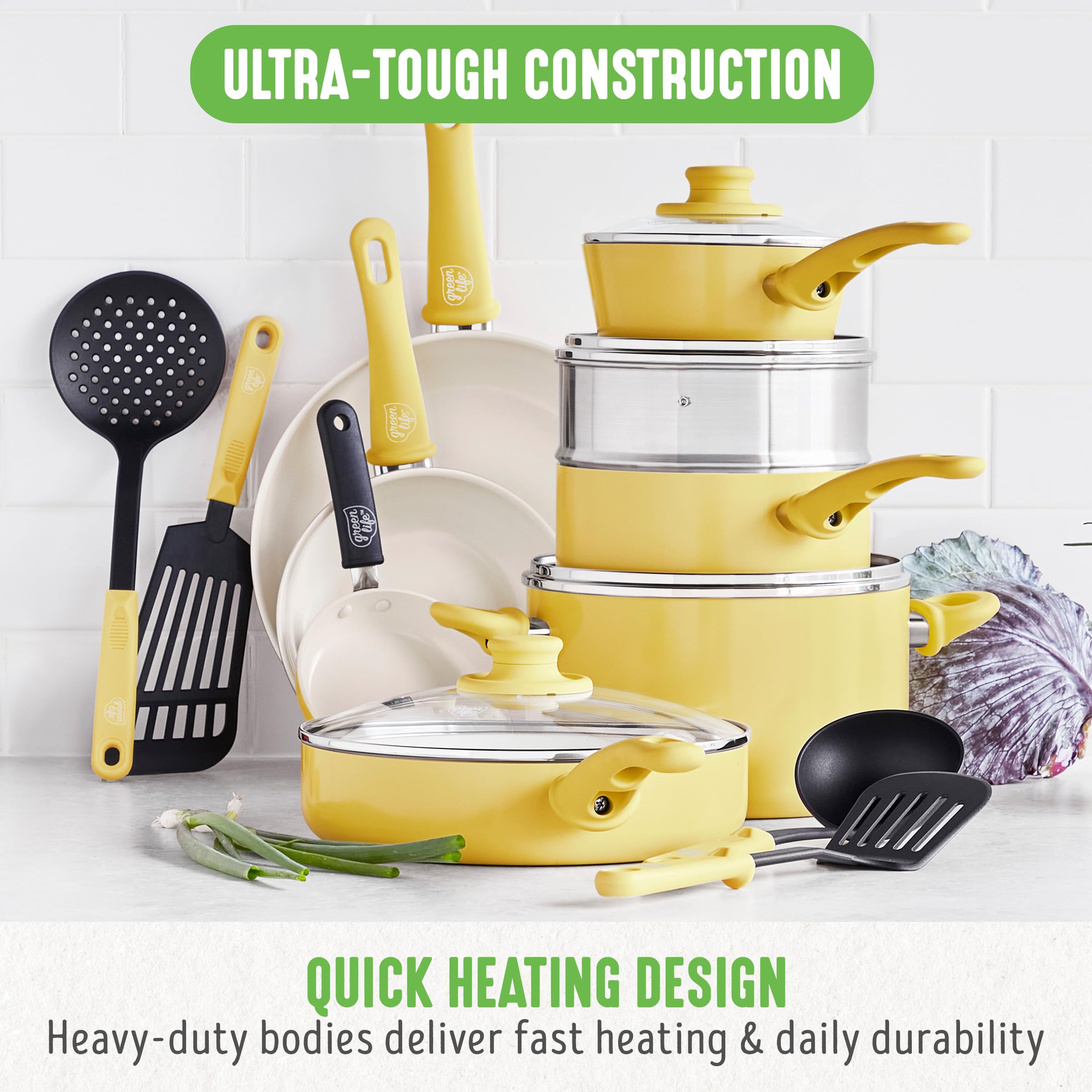 GreenLife Soft Grip 16-Piece Non-Toxic Cookware Set | PFAS-Free Ceramic Nonstick Pots & Pans | Frying Pan, Saucepan, Saute Pan with Glass Lids | Stay-Cool Handles, Wobble-Free Base | Dishwasher & Oven Safe | Perfect for Healthy Cooking & Family Meals | Vibrant Yellow