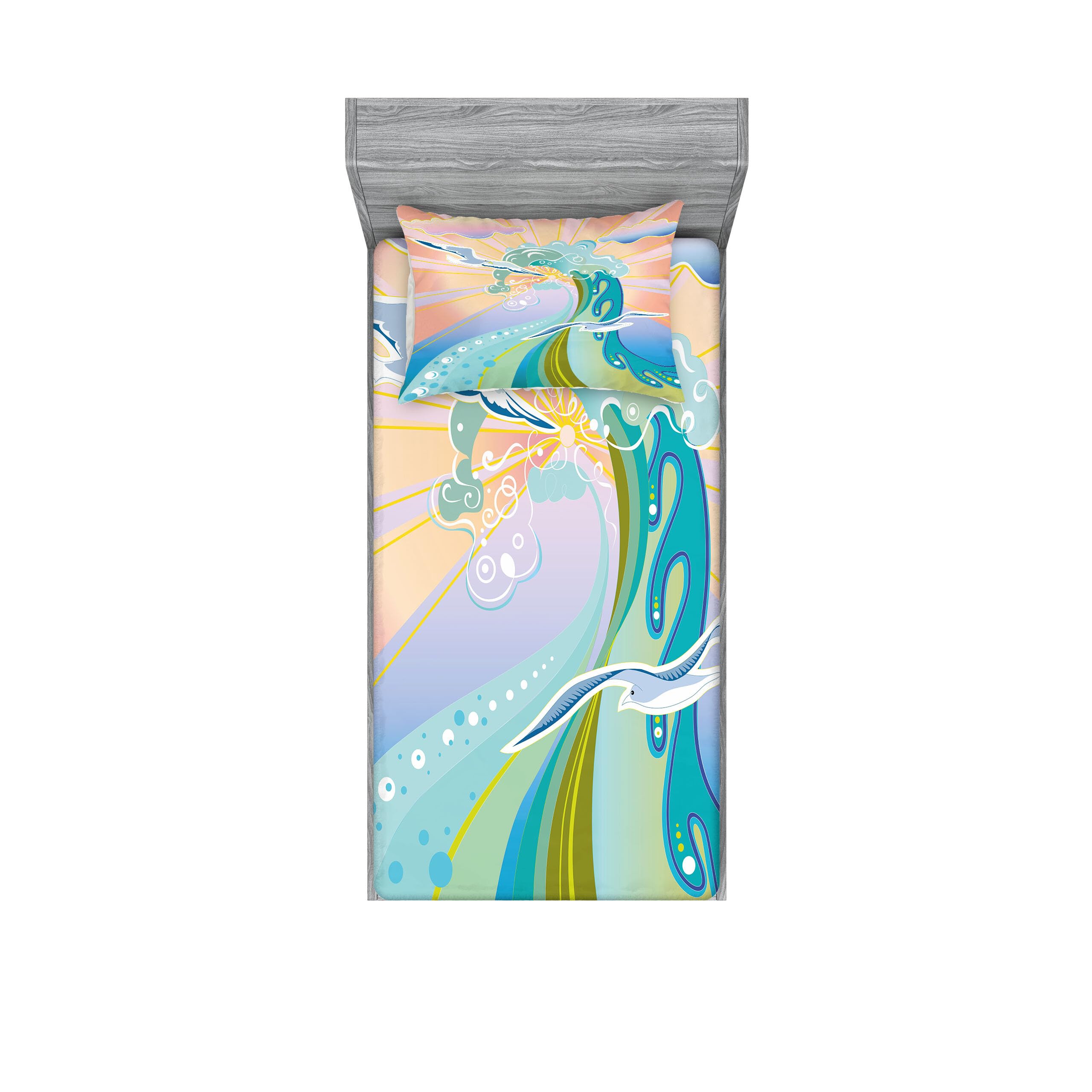 Ambesonne Modern Fitted Sheet & Pillow Sham Set - Cartoon Waves, Birds, Foams & Sunset Design, 2-Piece Printed Bedding Decor, Twin XL, Multicolor | Perfect for Kids' Rooms, Beach-Themed Decor & Contemporary Bedrooms