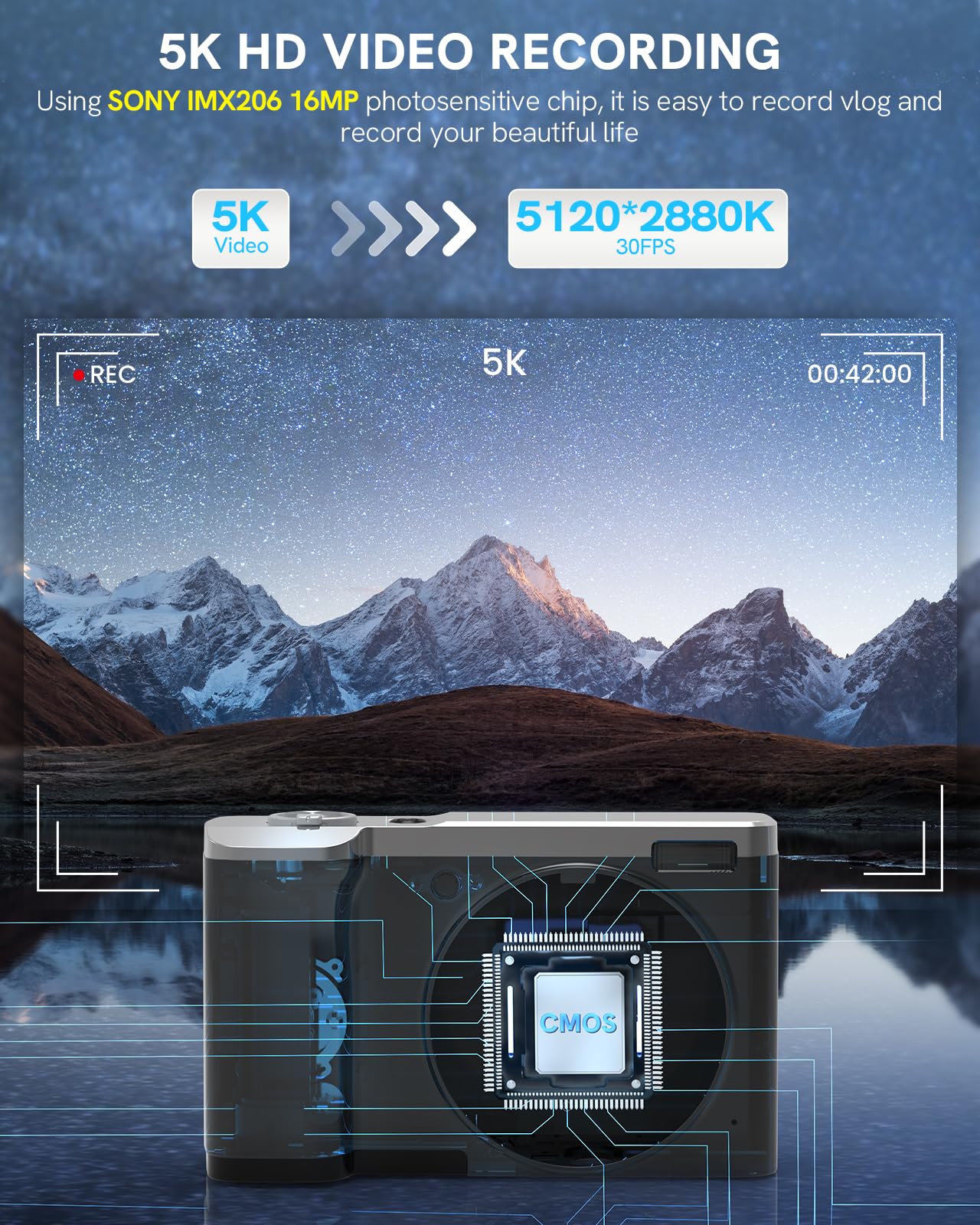 5K Digital Camera 56MP Autofocus Vlogging Camera with 10X Optical Zoom, Dual Front & Rear Cameras, 6-Axis Anti-Shake, Touch Screen - Includes 64GB SD Card & 2 Batteries - Perfect for Travel, YouTube Vlogging, and Outdoor Photography