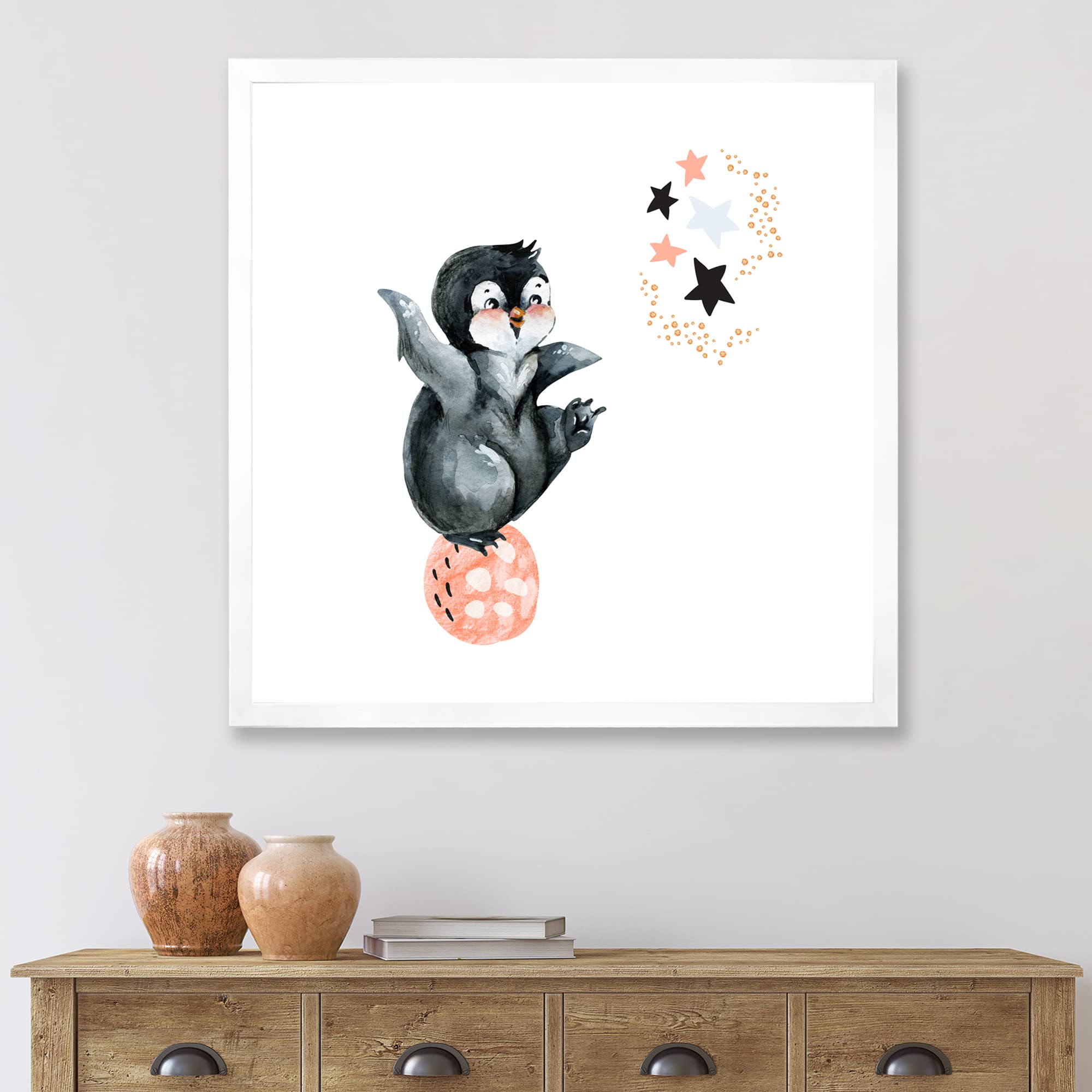 DesignQ Little Penguin With Stars and Planets II Farmhouse Framed Wall Art - Cute Nursery Decor, Kids Room Wall Art, Living Room Decor for Home & Office