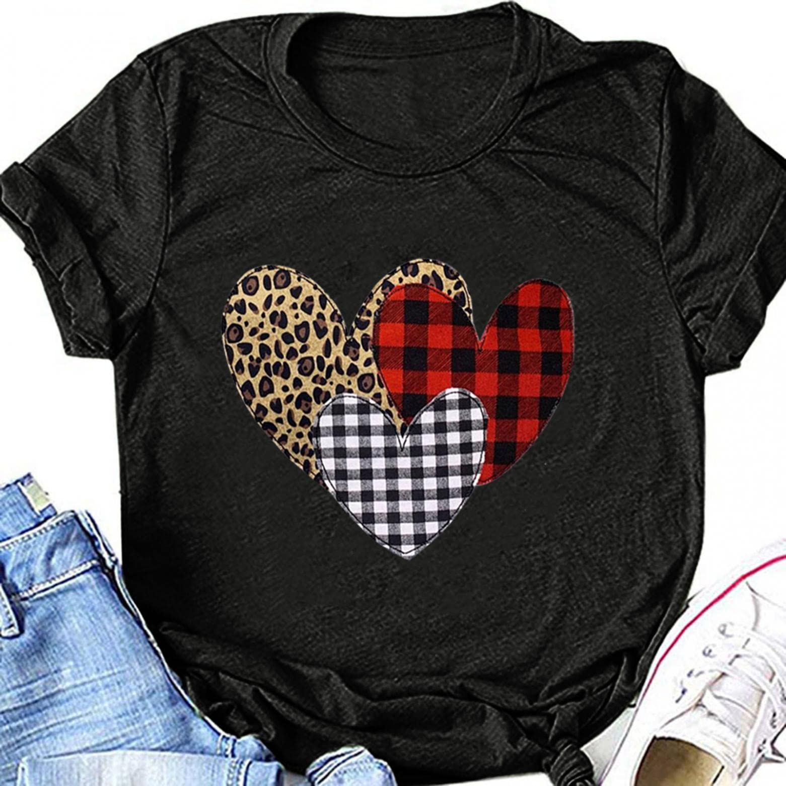 Women's Short Sleeve Heart Print T-Shirt - Round Neck Casual Summer Blouse for Valentine's Day, Date Night & Everyday Wear