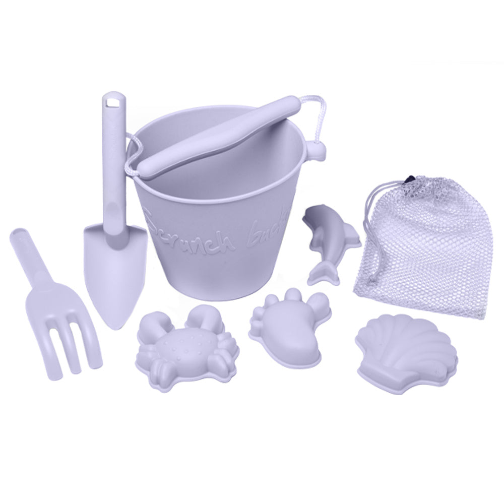 Lavender Scrunch Beach Bundle with Bucket, Spade, Rake & Sand Molds - Perfect for Kids Beach Toys, Sandcastle Building & Summer Vacation Fun