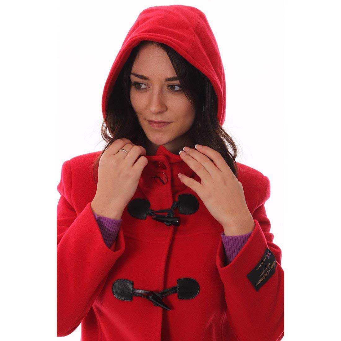 Women's Red Hooded Wool Cashmere Duffle Coat Jacket with Pockets - Warm Winter Outerwear for Casual Outings & Travel