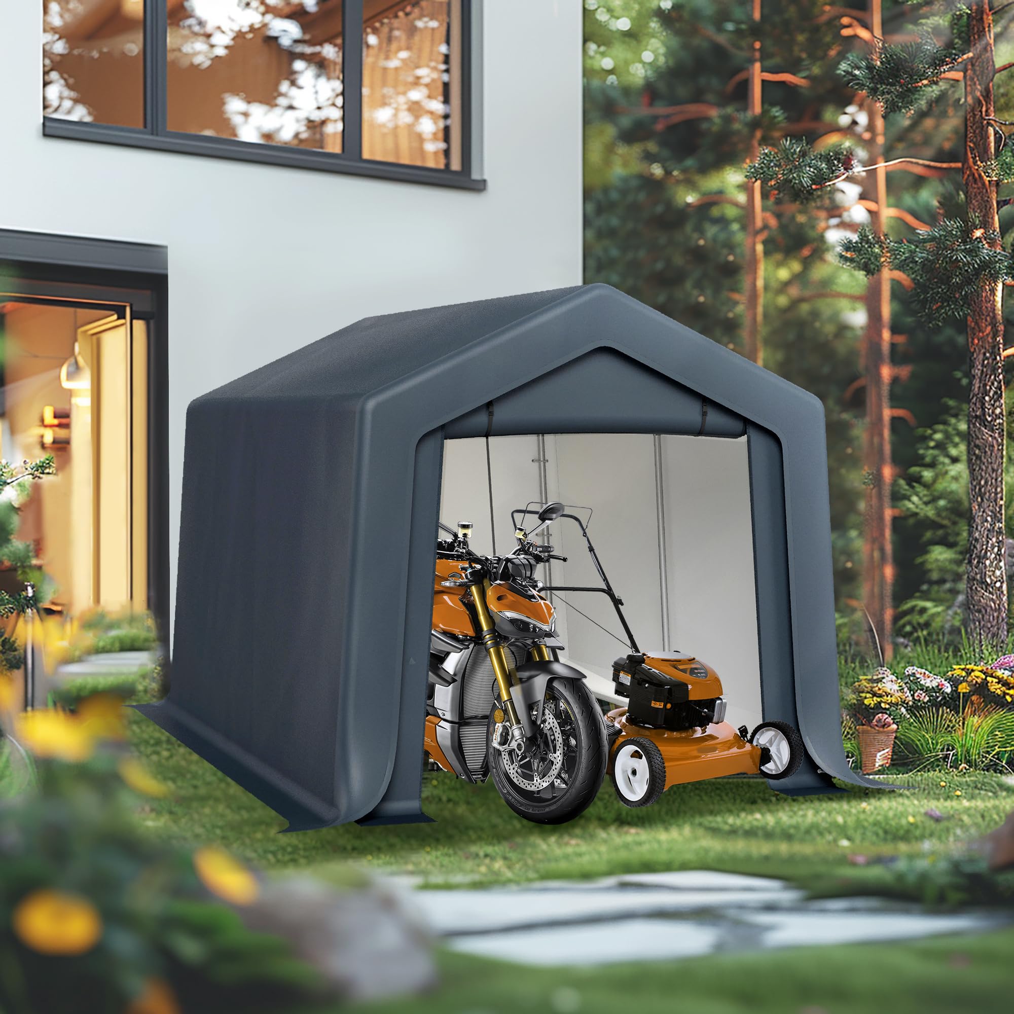 MFSTUDIO 8'x12' Heavy Duty Outdoor Storage Shed - Portable Shelter Garage with Roll-Up Zipper Doors - Weatherproof Carport Tent for Motorcycle, Bikes, Lawn Equipment & Outdoor Tools - Perfect for Backyard, Patio & Driveway Storage