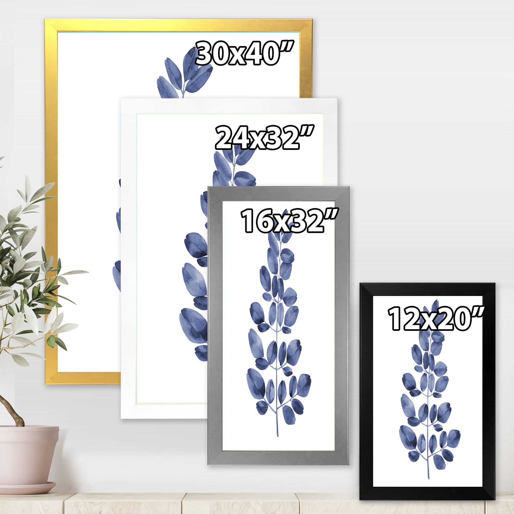 DesignQ Navy Blue Eucalyptus II Traditional Framed Wall Art - Home Decor for Living Room, Bedroom & Office - Ready to Hang Canvas Painting for Modern Interior Design
