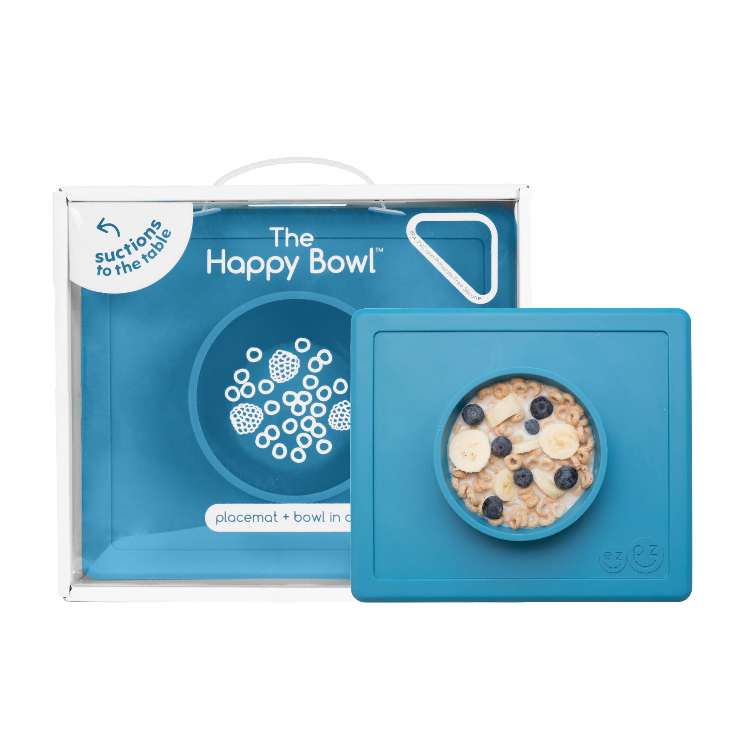 Ezpz Happy Bowl - 100% Silicone Suction Bowl with Built-in Placemat for Toddlers 24 Months+ (Blue) | Dishwasher Safe | Perfect for Mess-Free Mealtime at Home or Travel
