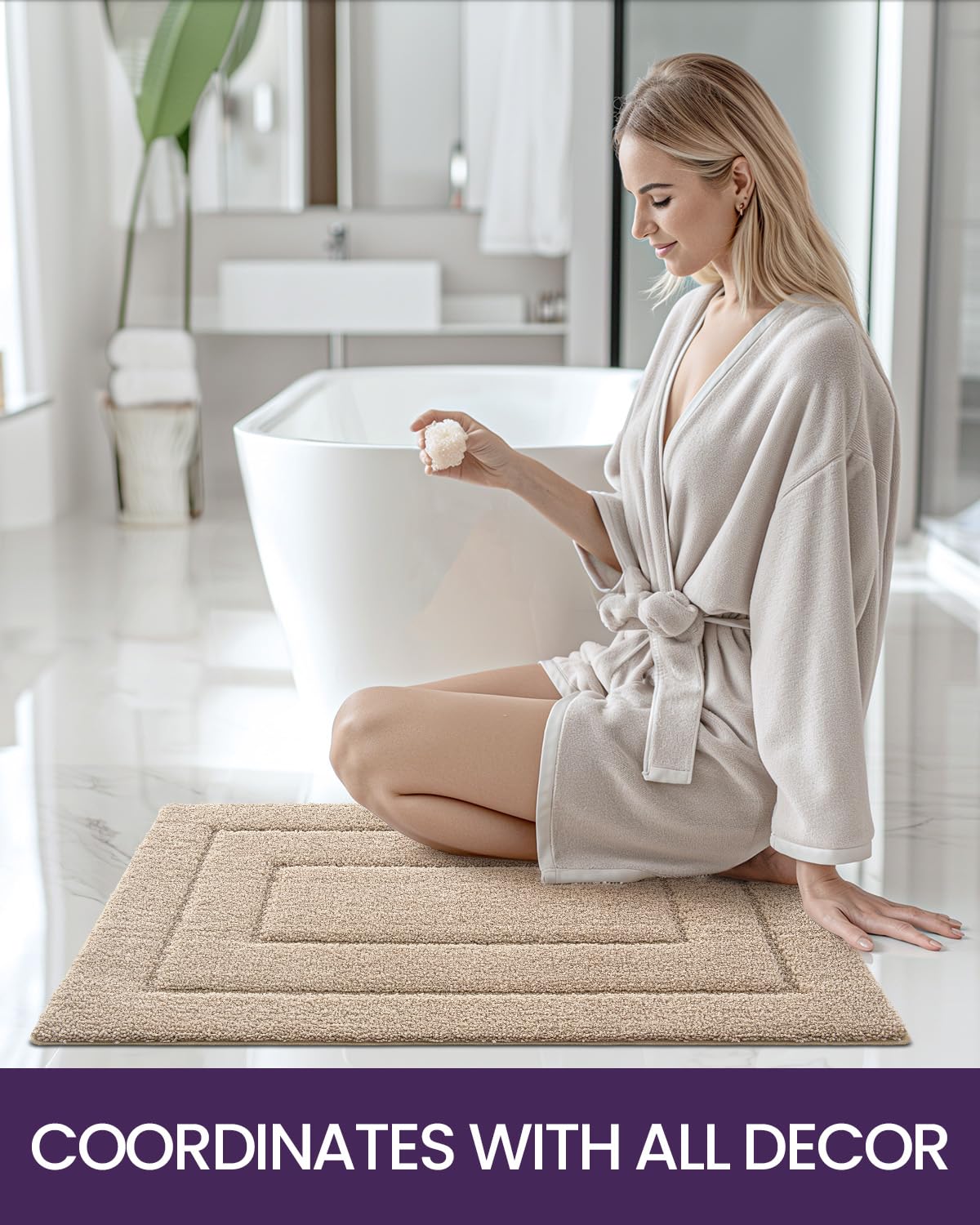 DEXI Non-Slip Bathroom Rug 36x24 Inch, Super Absorbent Quick-Dry Microfiber Shower Mat with Rubber Backing - Machine Washable Bath Carpet for Bathroom Floor Safety & Comfort (Beige) - Perfect for Bathroom, Shower, and Vanity Areas