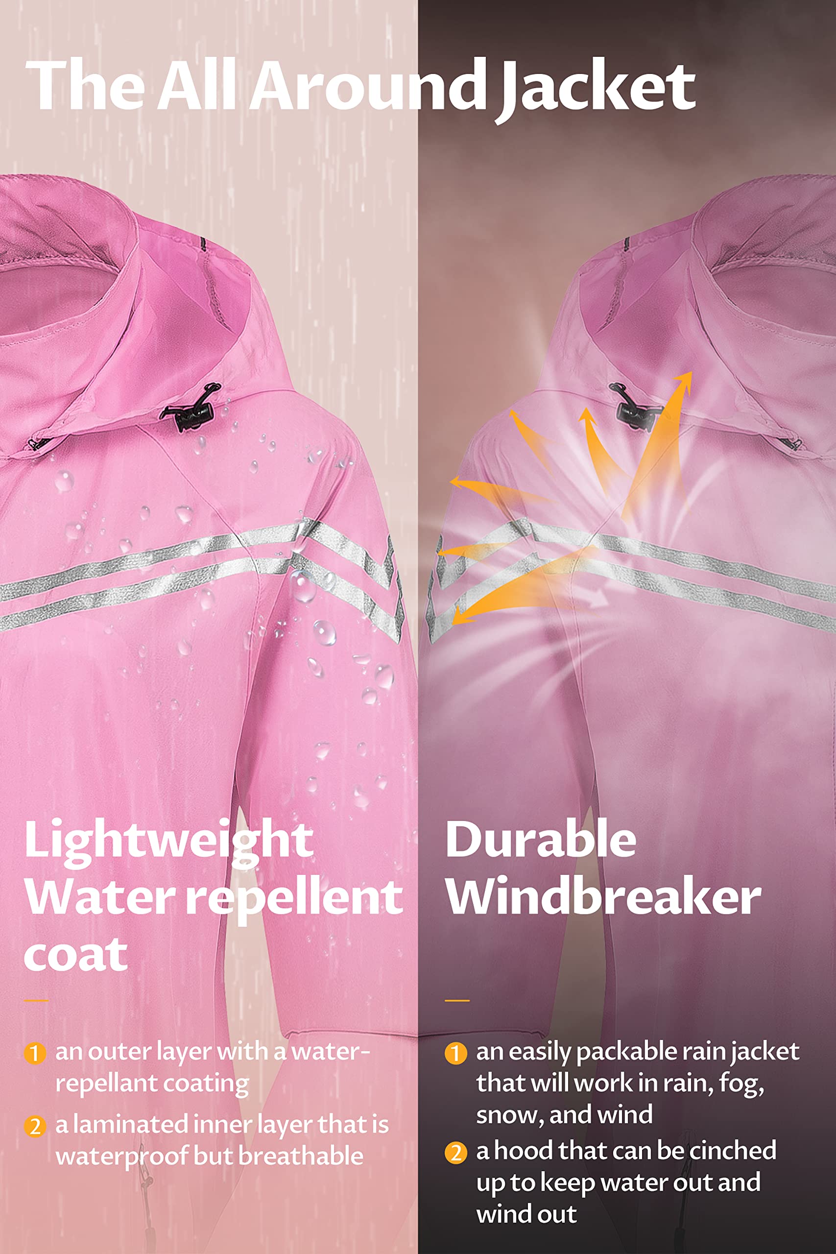 CREATMO Women's Lightweight Waterproof Running Jacket - Reflective Windbreaker Raincoat with Detachable Hood for Cycling, Hiking & Outdoor Activities | Packable Travel Rain Jacket for Women