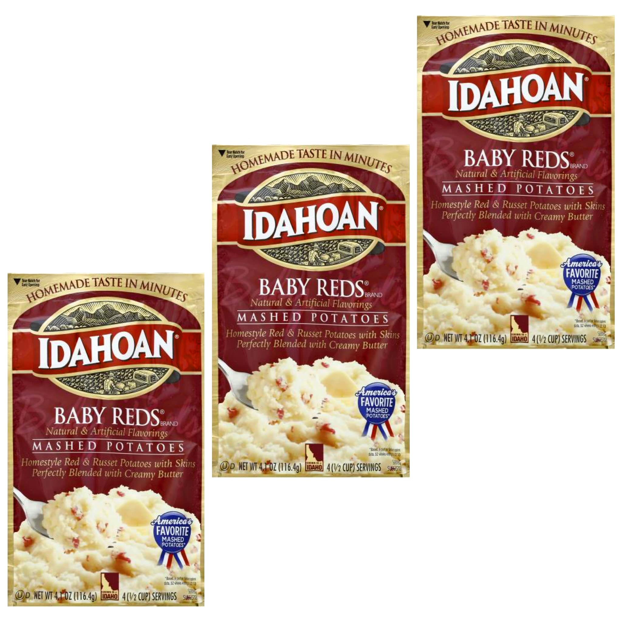 Idahoan Baby Reds Mashed Potatoes - 4 Oz (Pack of 3) | Instant Mashed Potato Mix | Quick & Easy Side Dish for Family Dinners, Potlucks & Holiday Meals