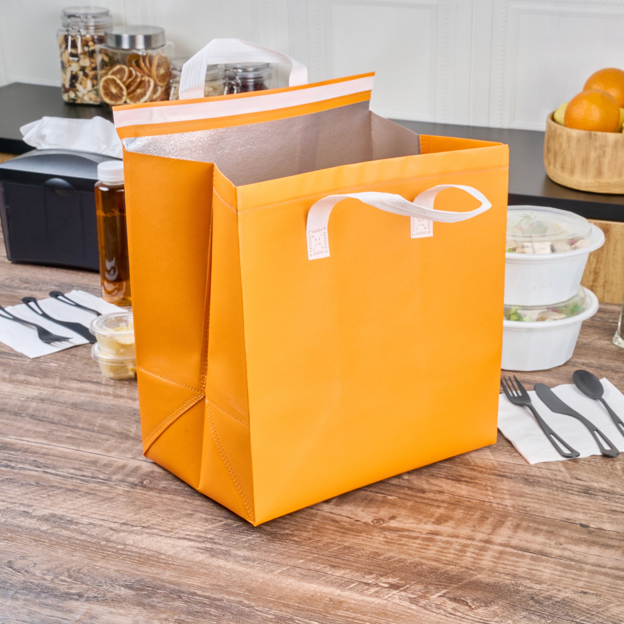 Orange Insulated Take Out Bags - Tamper Evident Food Delivery Bags (11.75