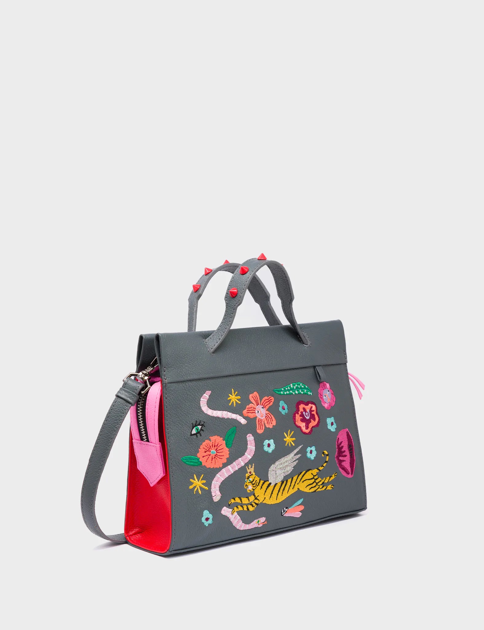 Vali Crossbody Small Leather Bag - Stormy Gray with Tiger & Flowers Embroidery | Women's Fashion Purse for Everyday Use, Travel & Date Night