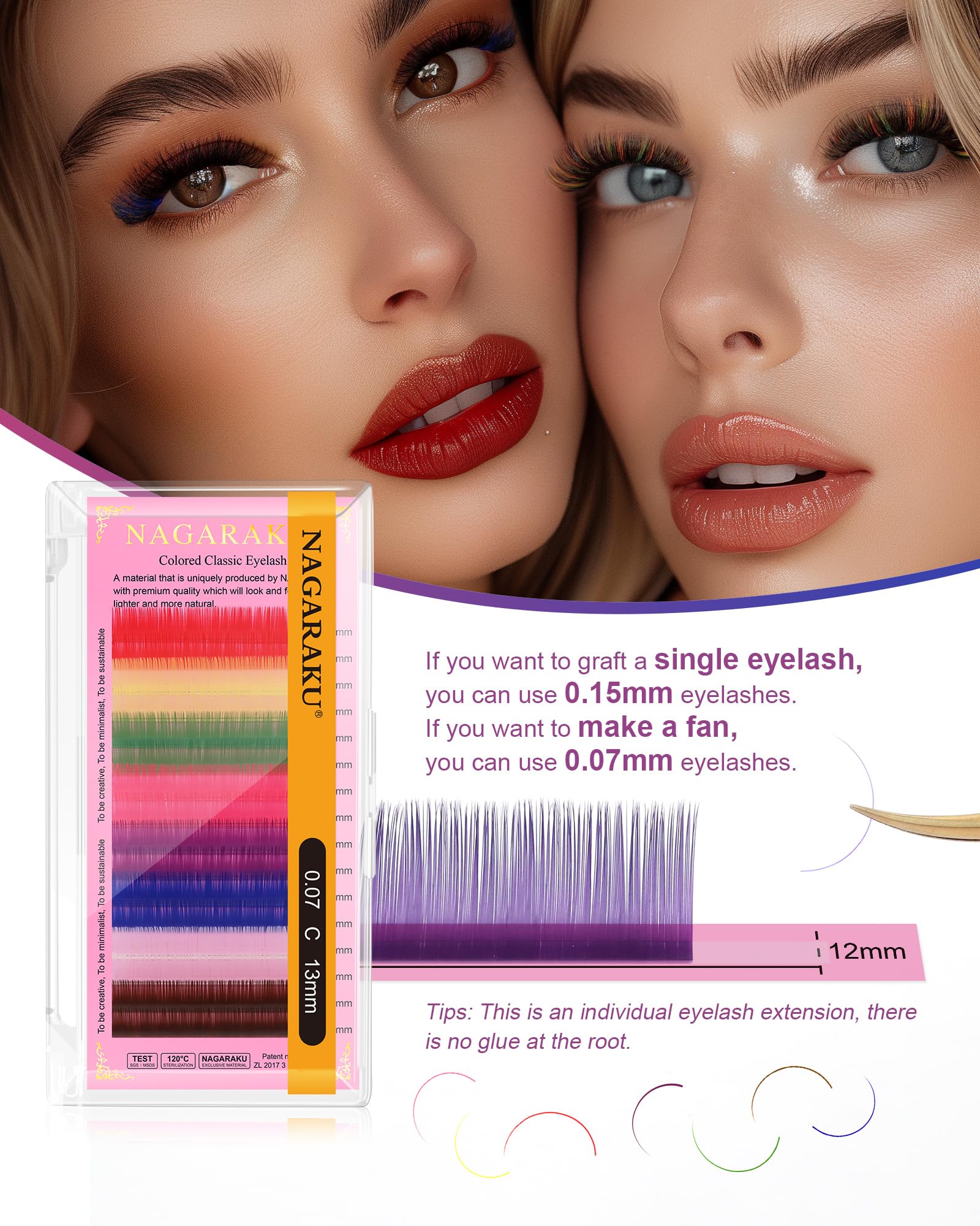 NAGARAKU 8 Colors Rainbow Eyelash Extensions - 0.07mm C Curl 9mm Purple Blue Pink Brown Individual Lashes | Soft Natural Look | Professional Salon Supplies for Bridal, Party & Special Occasion Makeup