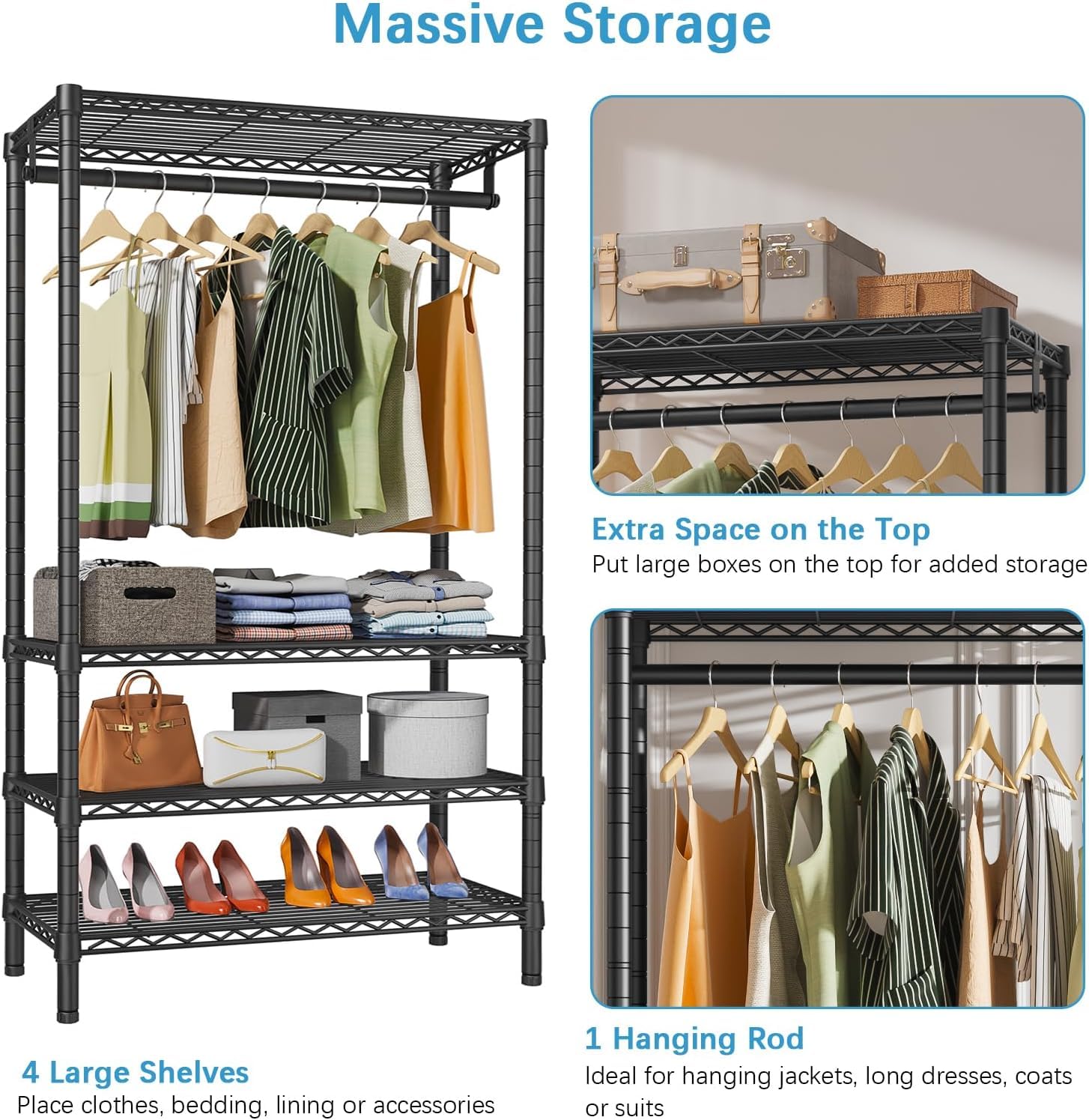 MONKLE Floor Standing Clothes Rack with Shelves, 90 x 43.5 x 180 cm, 150 kg Capacity (Black) - Perfect for Bedroom, Closet Organization & Laundry Room Storage