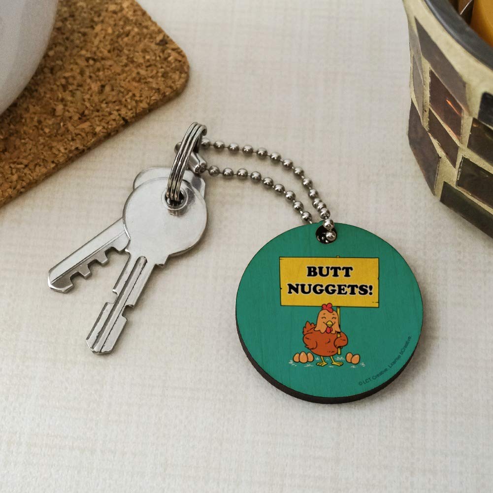 Funny Chicken Eggs Butt Nuggets Wooden Keychain - Humorous Graphic Design Key Ring for Gifts, Parties & Everyday Carry