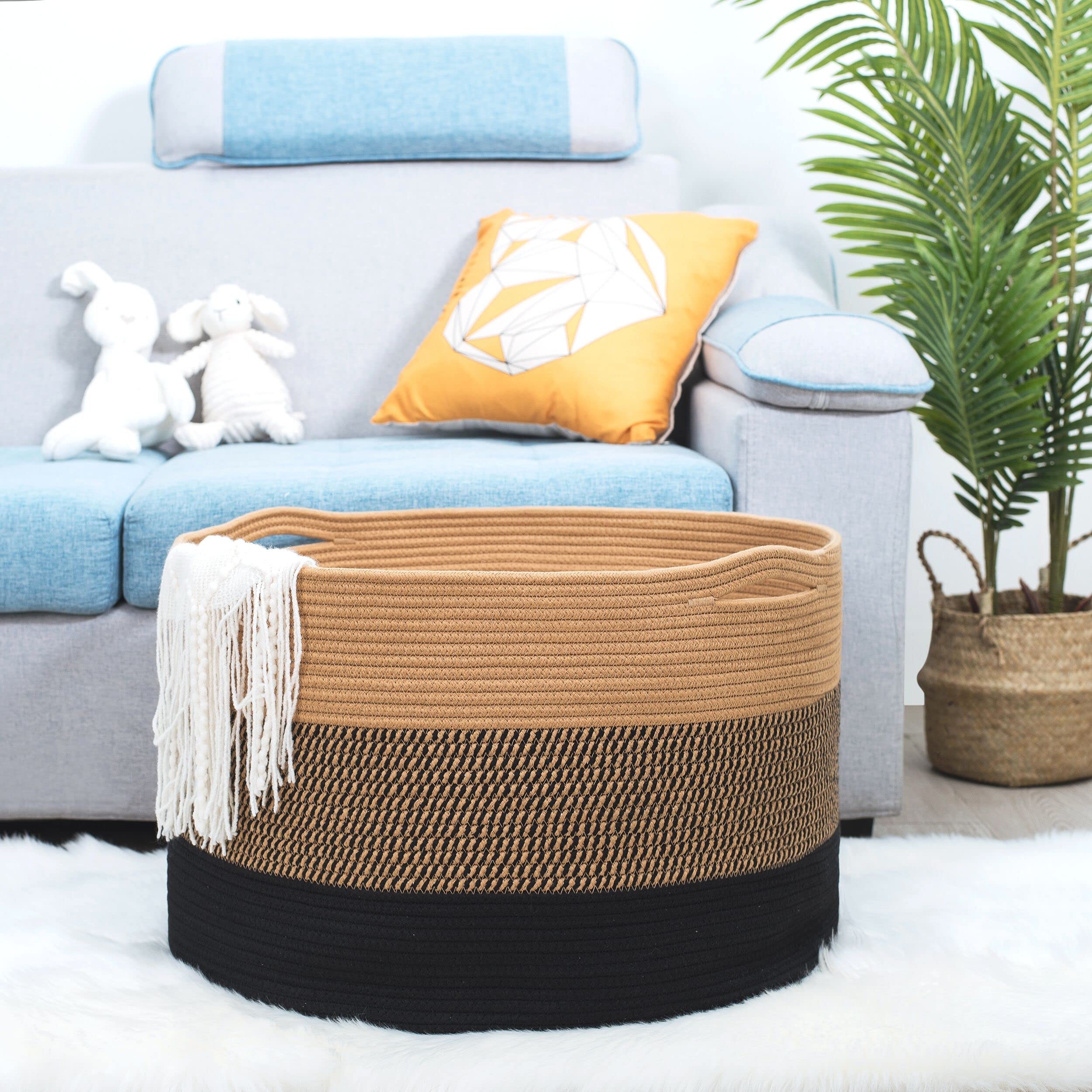 MINTWOOD Extra Large 22x14 Inch Woven Cotton Rope Storage Basket - Blanket Organizer, Laundry Hamper, Toy Bin for Living Room, Bedroom & Nursery - Decorative Black Jute Basket for Home Organization