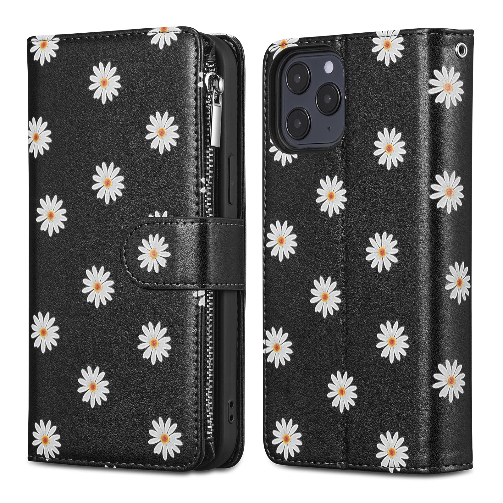 UEEBAI Premium PU Leather Wallet Case for iPhone 13 Pro Max - Magnetic Closure, Zipper Pocket, Kickstand & Card Slots with Hand Strap | Stylish Daisy Black Flip Case for Women | Perfect for Daily Use, Travel & Shopping