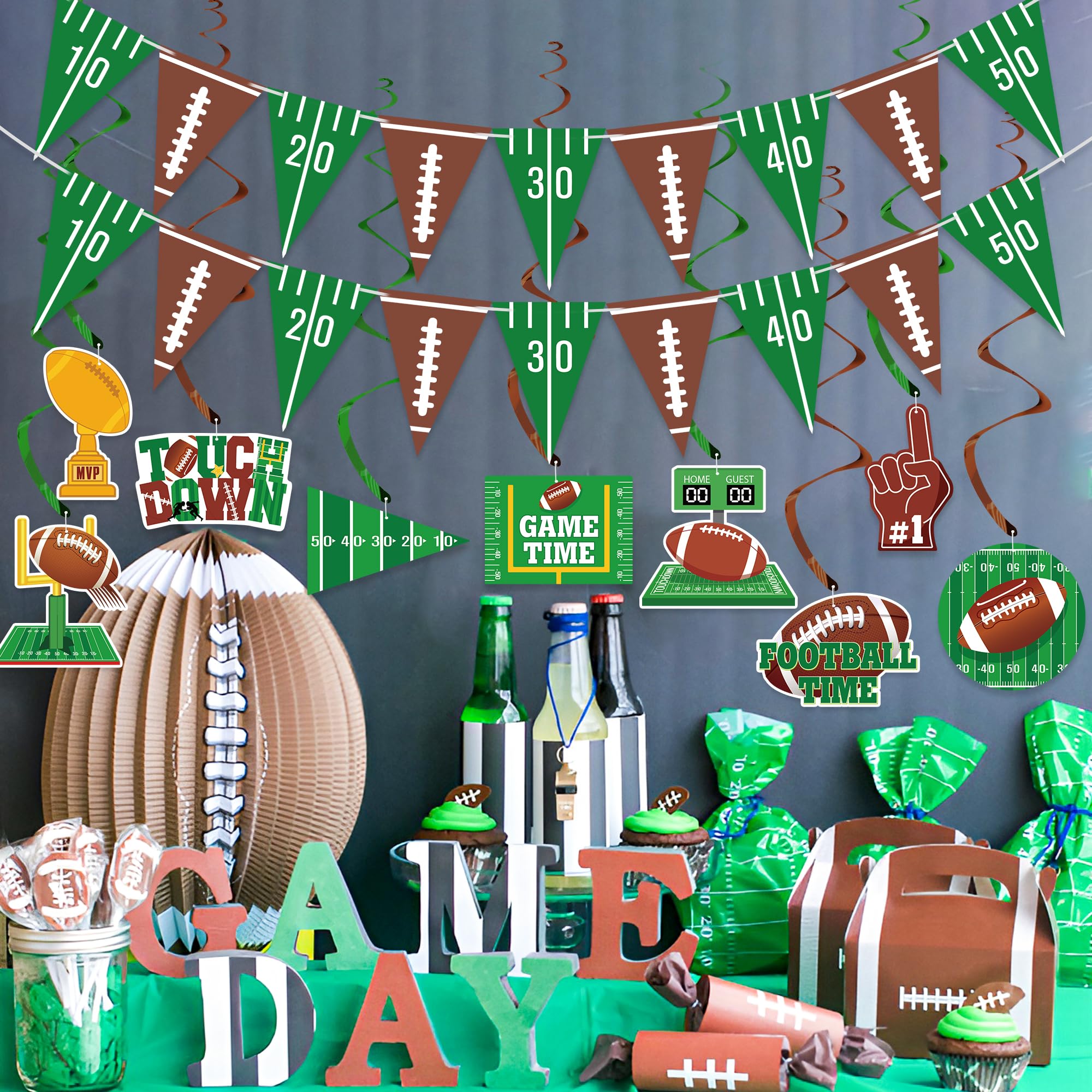 Football Party Decorations Set - 2 Pennant Banners & 9 Hanging Swirls for Super Bowl, Game Day & Tailgate Parties - Ready-to-Use Football Birthday Supplies for Sports Themed Events