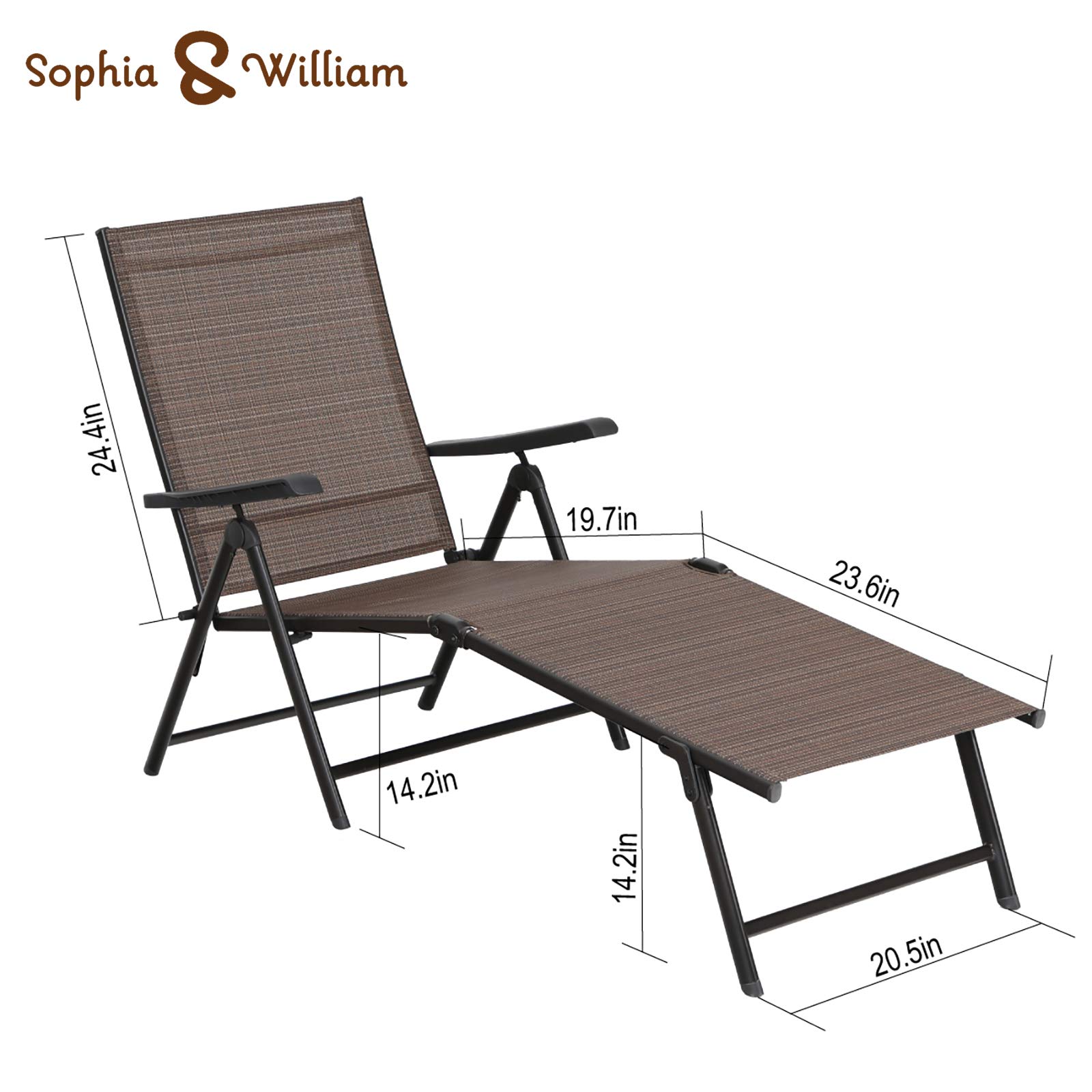 Sophia & William Outdoor Chaise Lounge Chair Set of 2 - Patio Folding Textiline Recliner with Adjustable Backrest & Armrests - Perfect for Beach, Pool, Backyard, Garden Relaxation - Brown