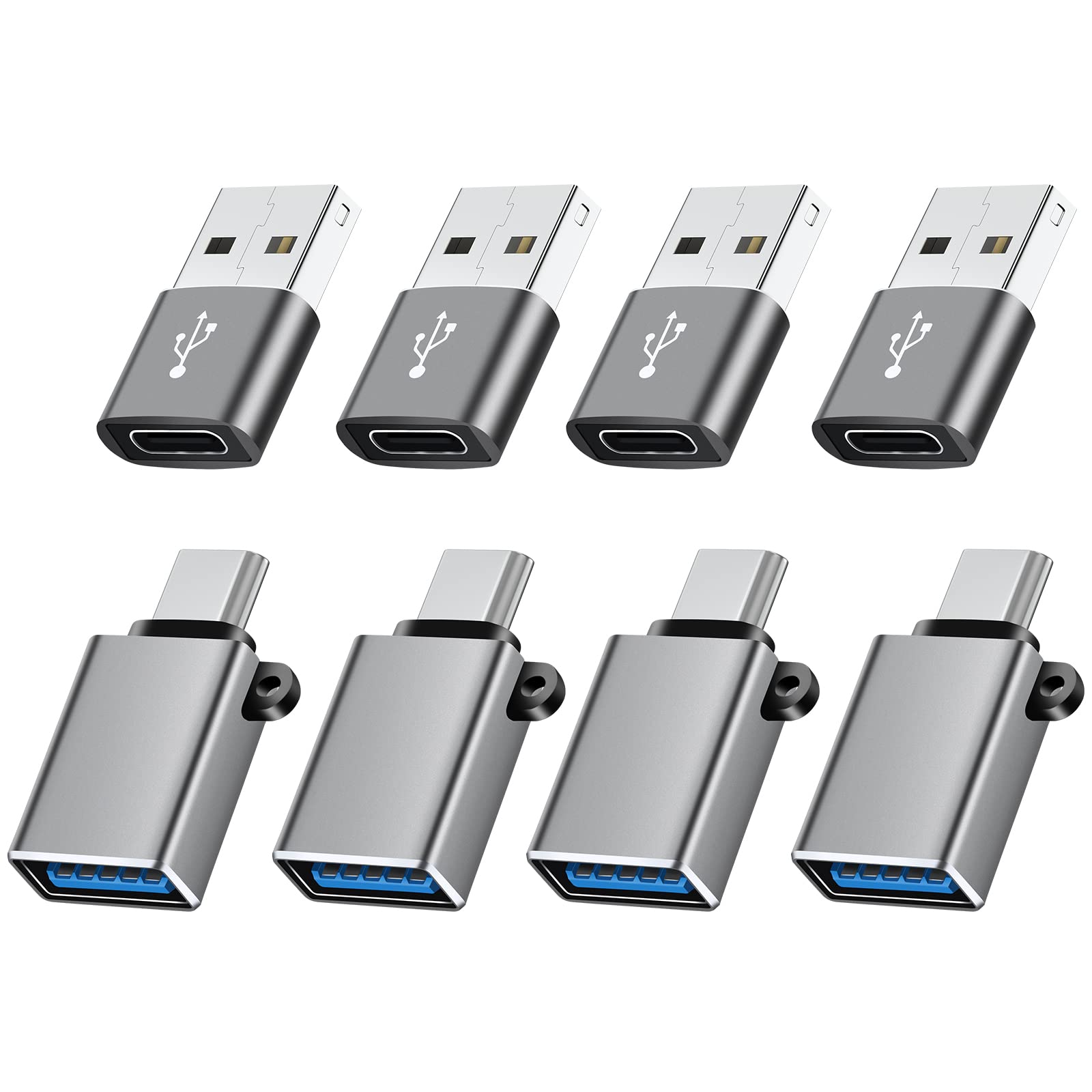 8-Pack USB Type C Adapter - USB to USB C Converter with Male/Female OTG Connector - Compatible with iPhone 15/14/13, MacBook Pro, iPad, iMac - Grey | Fast Charging, Data Transfer, Device Connectivity for Home, Office & Travel