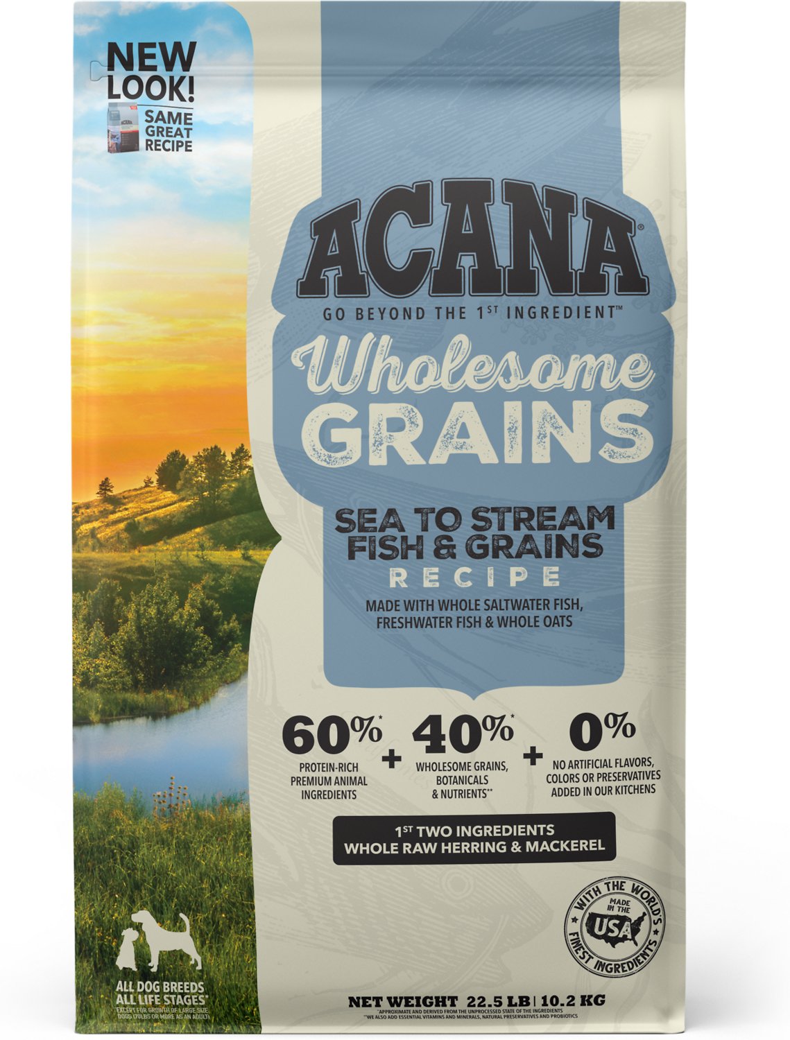 Premium Acana Dog Food with 60% Wholesome Grains - Sea to Stream Fish Recipe - High Protein Dry Kibble for Adult Dogs - Perfect for Active Pets & Outdoor Adventures