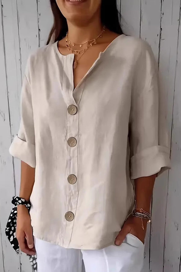 Stylish Solid Color V-Neck Loose Button Down Top for Women - Casual & Office Wear