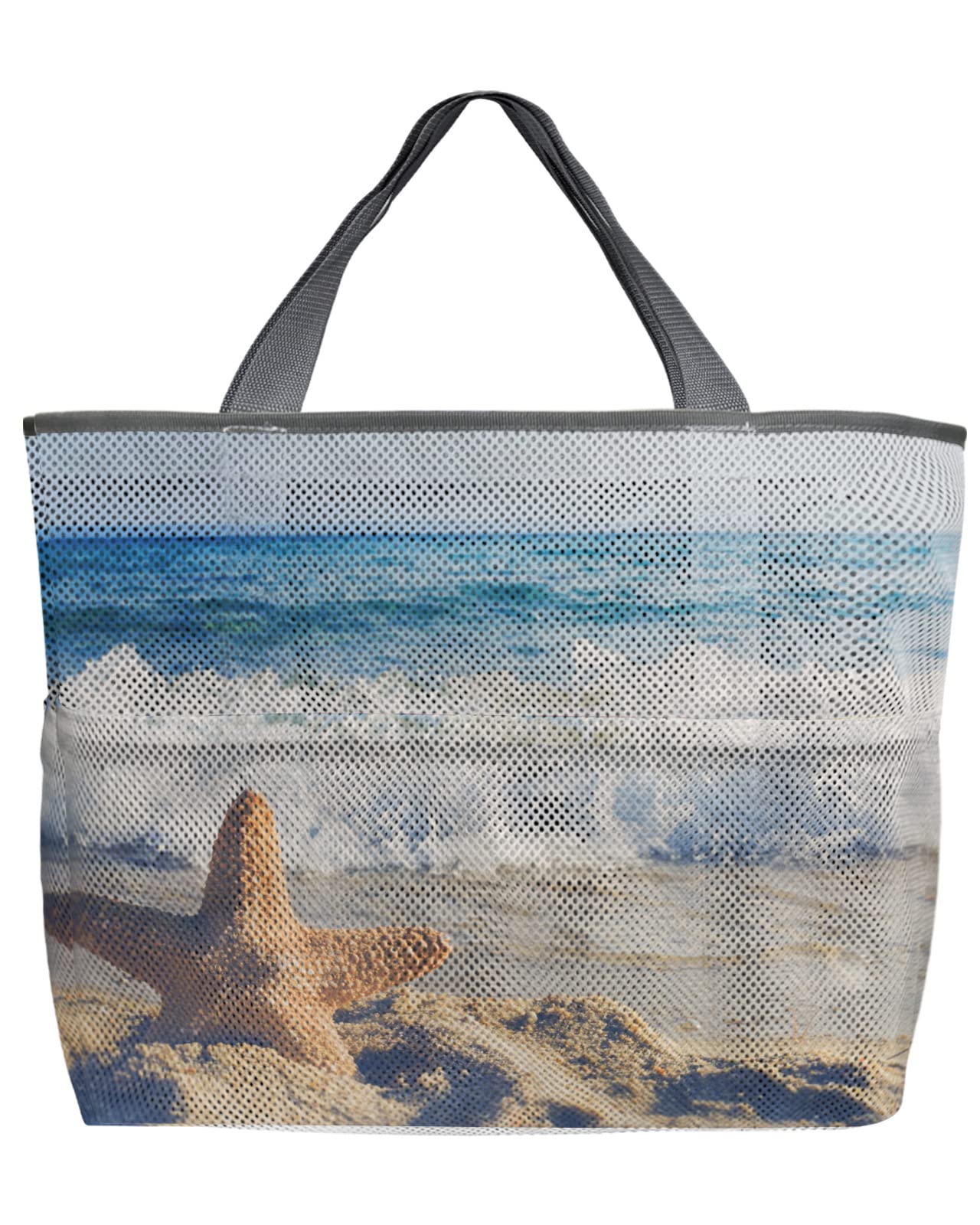Mesh Beach Tote Bag with Pockets - 60L Oversized Quick-Dry Swim Bag for Pool & Beach | Starfish Design Foldable Lightweight Storage Tote (24