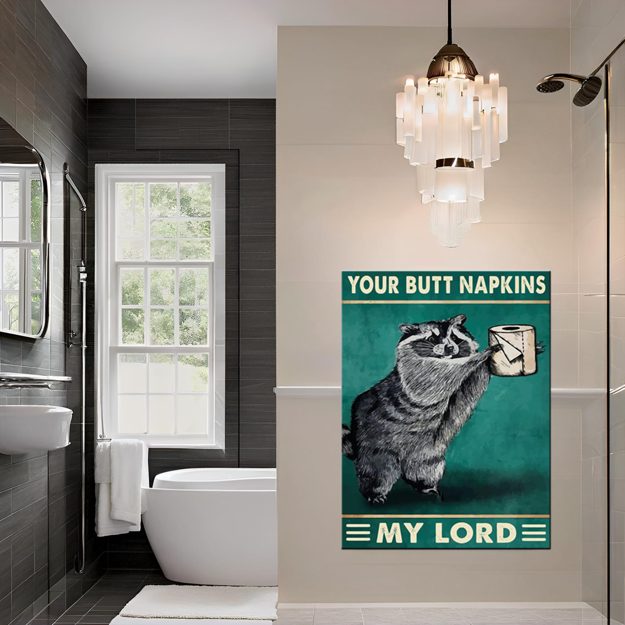 Funny Retro Raccoon Bathroom Wall Art - 'Your Butt Napkins My Lord' Canvas Print - 12x16 Inch Animal Decor for Home, Office & Gifts - Perfect for Bathrooms, Living Rooms & Funny Spaces