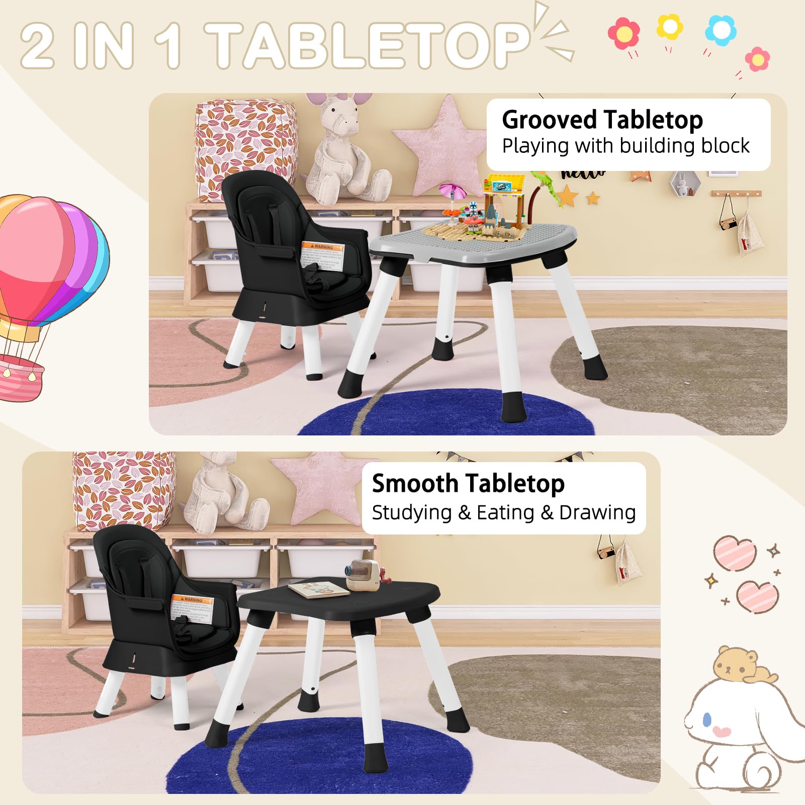 8-in-1 Convertible Baby High Chair with Removable Tray - Adjustable Toddler Booster Seat & Kids Building Block Table - Safe Dining Chair for Boys & Girls - Perfect for Home, Restaurant & Playtime - Black