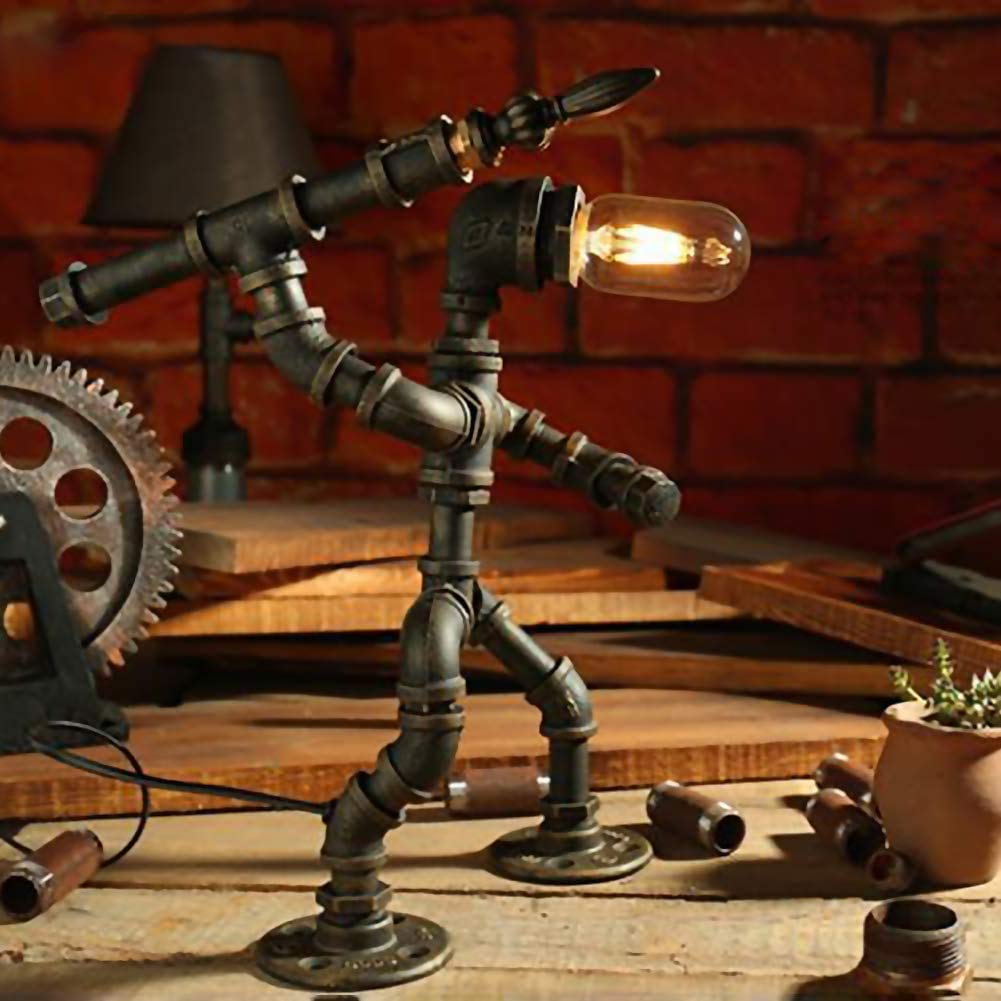 Steampunk Industrial Desk Lamp - Vintage Retro Robot Night Light with Antique Iron & Metal Pipe Design for Home Office Decor | Perfect for Study, Living Room & Bedroom Lighting