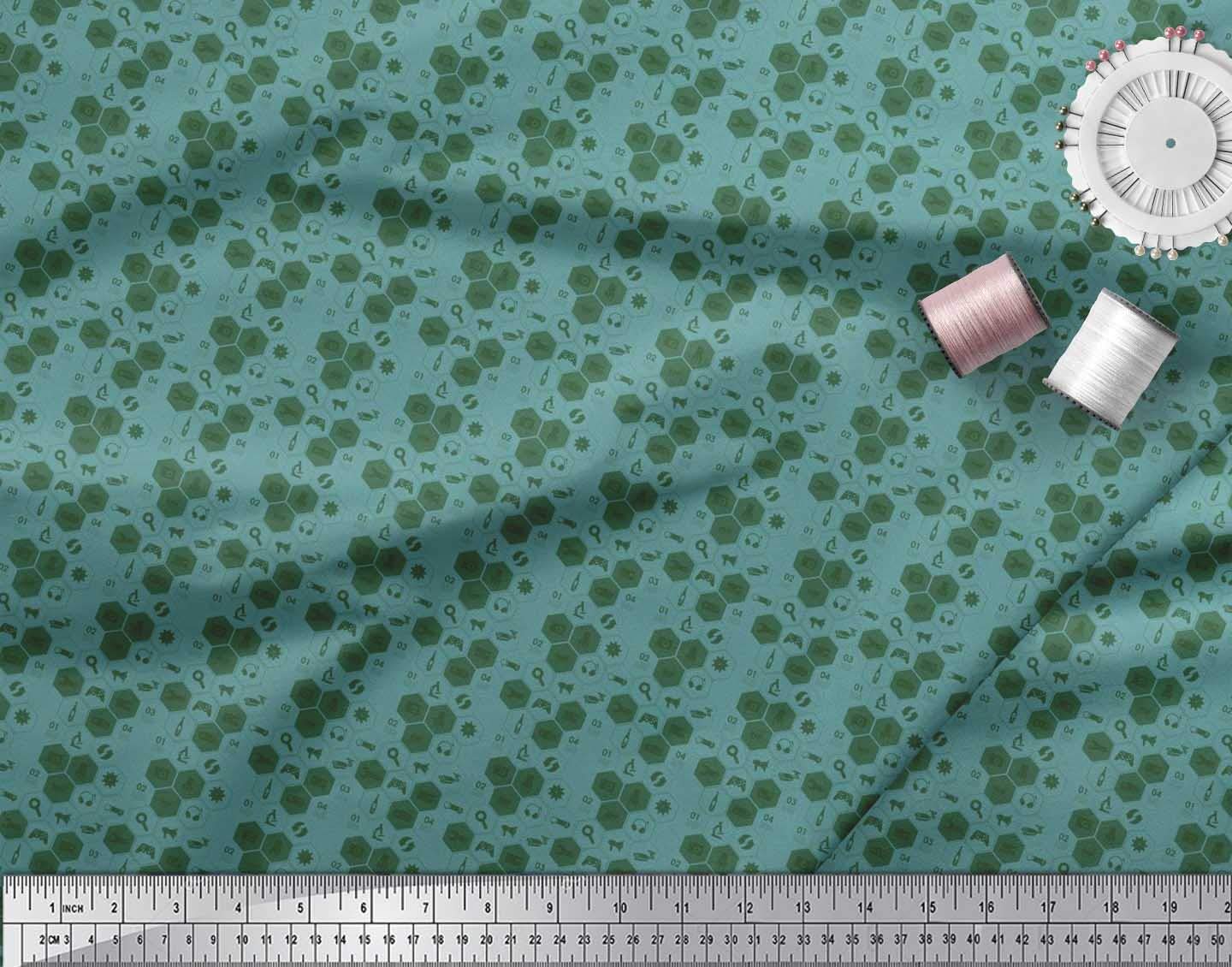 Soimoi Polyester Georgette Fabric - Blue Printed with Camera, Headphones & Megaphone Design - 42 Inch Wide - Sold by The Yard - Perfect for DIY Fashion, Home Decor & Craft Projects