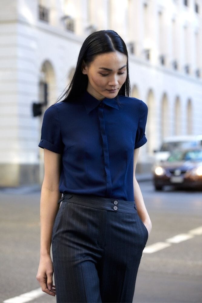 Eva Short Sleeve Blouse - Navy Blue Silk Stretch Shirt for Women | Comfortable & Elegant Top for Office, Party & Casual Wear