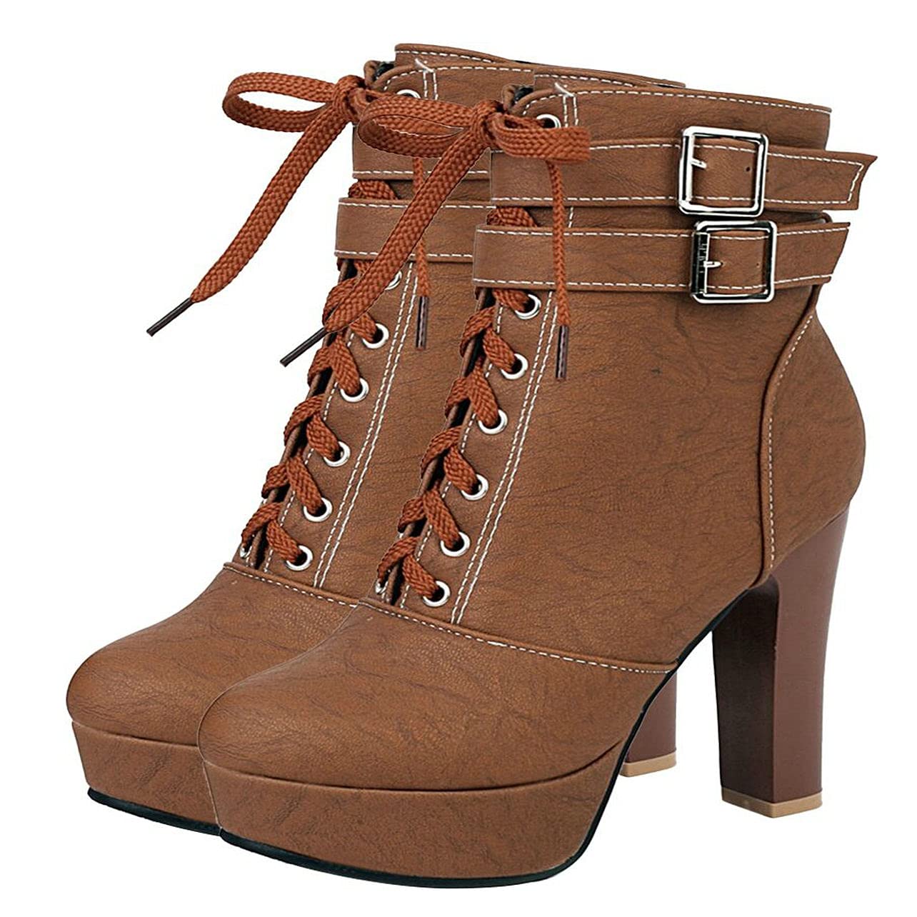 UniqueStride Women's Block High Heel Ankle Boots - Chunky Heel Platform Dress Boots with Buckle & Lace Up Closure for Office, Party & Night Out